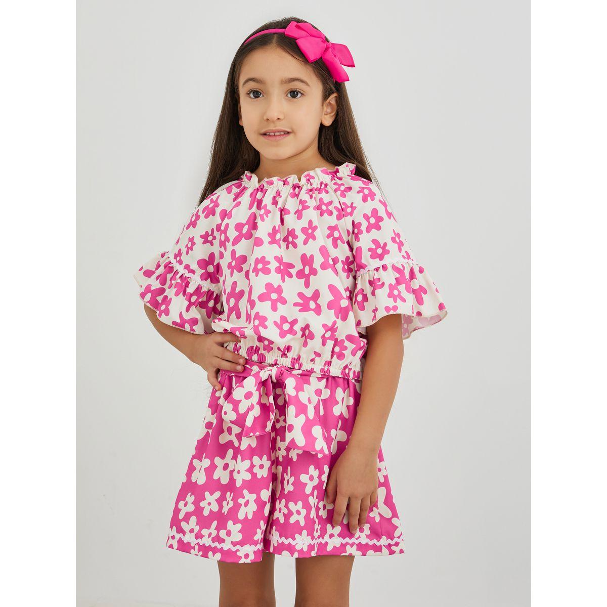 مجموعة من شورت وبلوزة بطبعة زهور وأكمام قصيرة-girls-clothing-setsandcoords-image-2