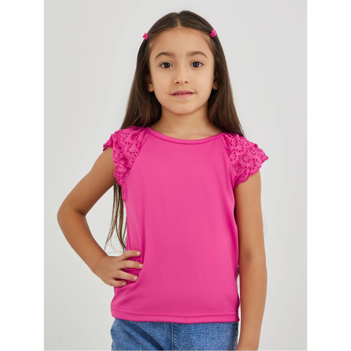 Styli Girls Pink Solid Schiffli Short Sleeve T-Shirt-girls-clothing-blousesandshirts-image-1