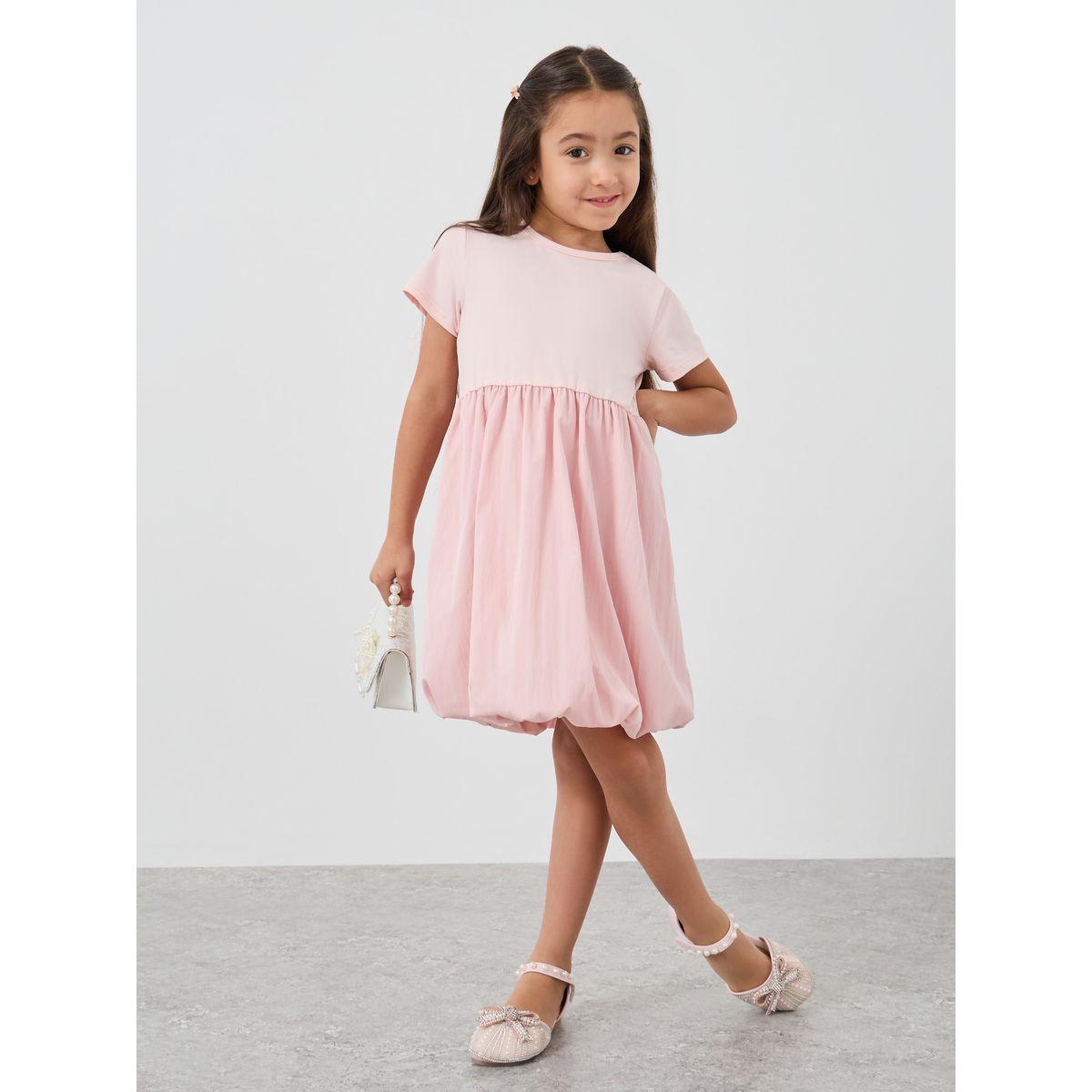 Styli Solid Round Neck Balloon Hem Knee-Length Dress-girls-clothing-dressesandjumpsuits-image-1