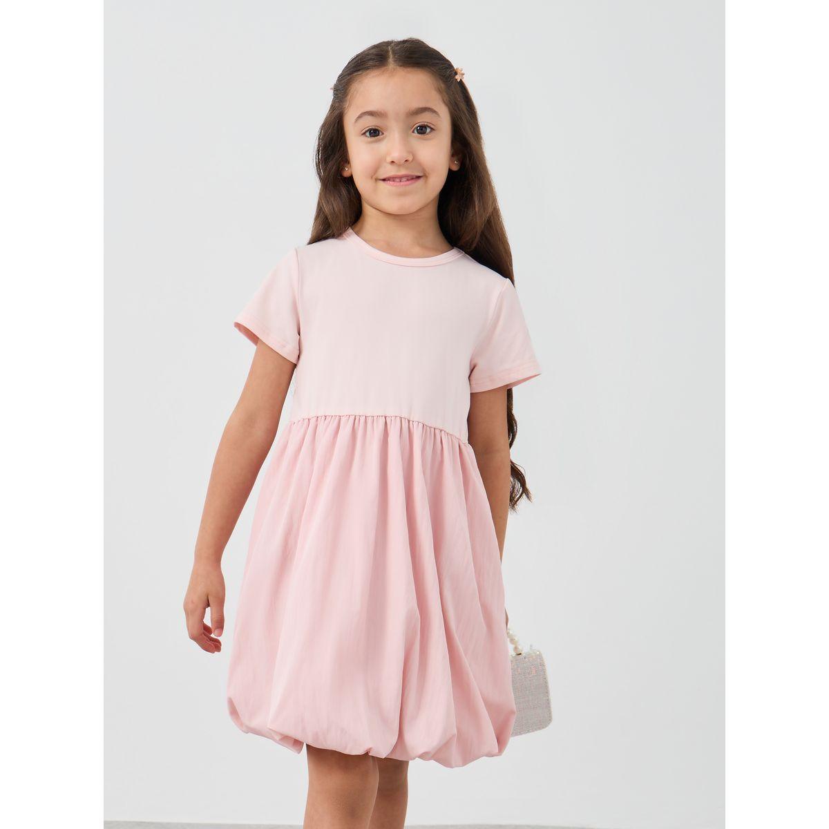 Styli Solid Round Neck Balloon Hem Knee-Length Dress-girls-clothing-dressesandjumpsuits-image-2