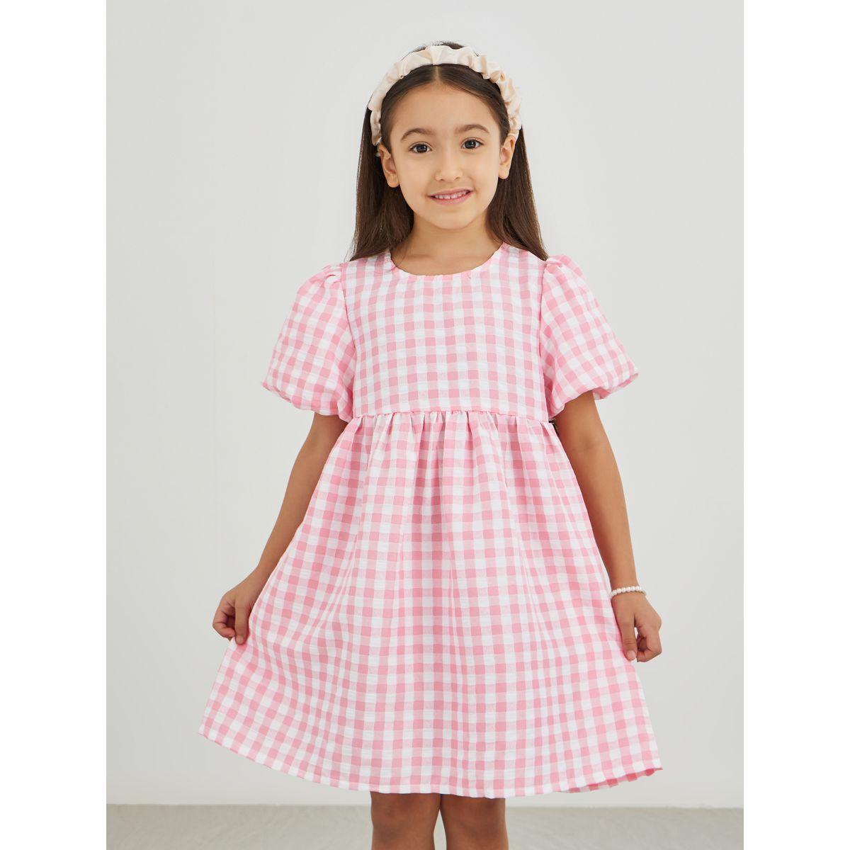 Styli Girls Pink Gingham Check Seersucker A-Line Dress-girls-clothing-dressesandjumpsuits-image-2
