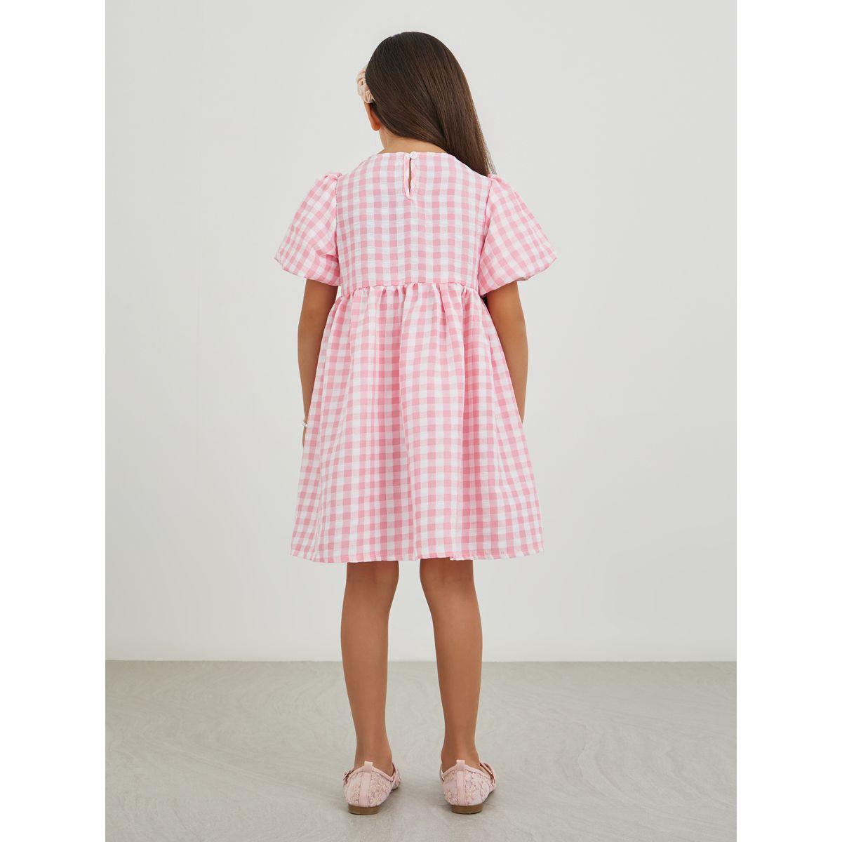 فستان سيرساكر مطبع بنمط جينغام بحافة واسعة-girls-clothing-dressesandjumpsuits-image-4
