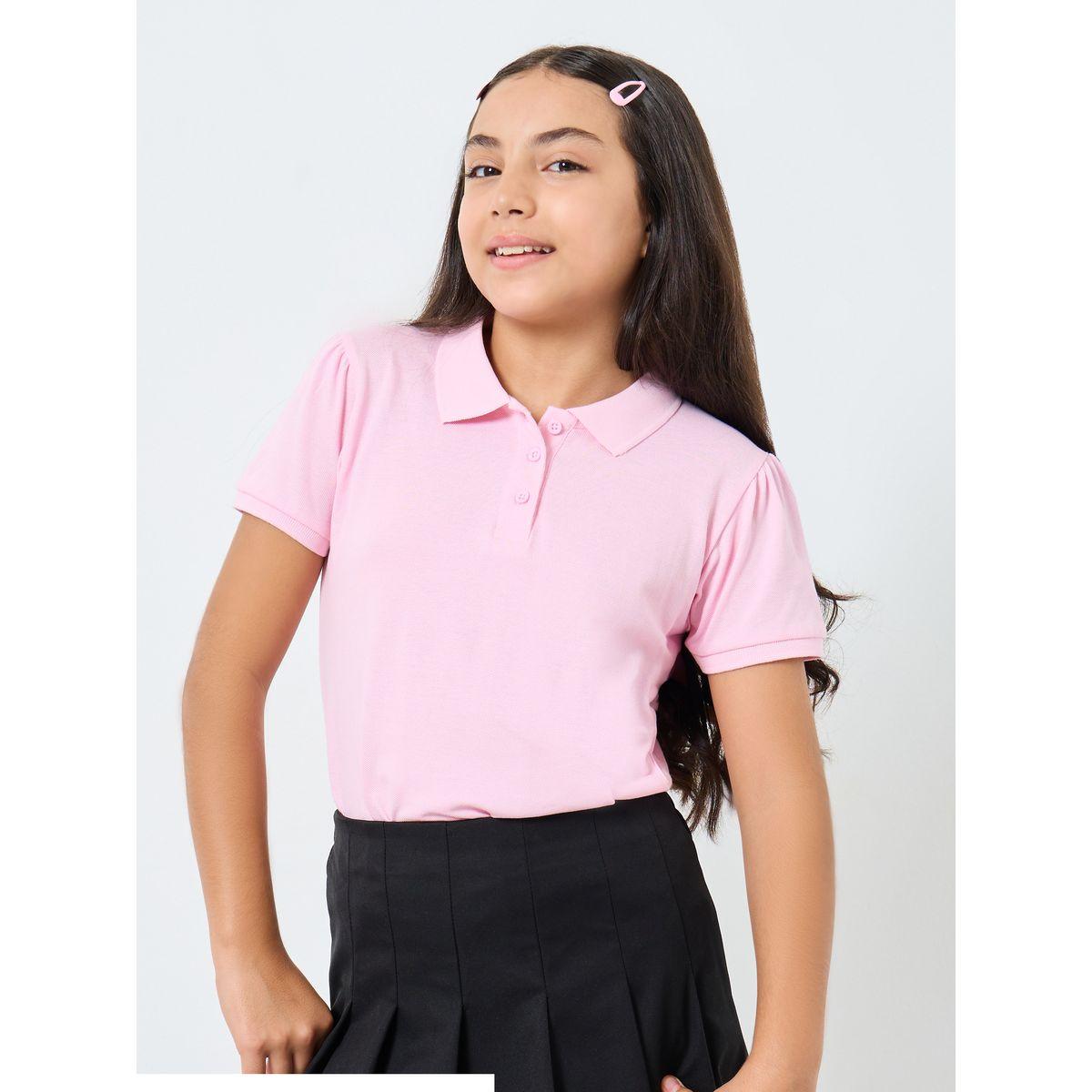 Styli Girls Pink Cotton Polo T-Shirt-girls-clothing-tshirts-image-2