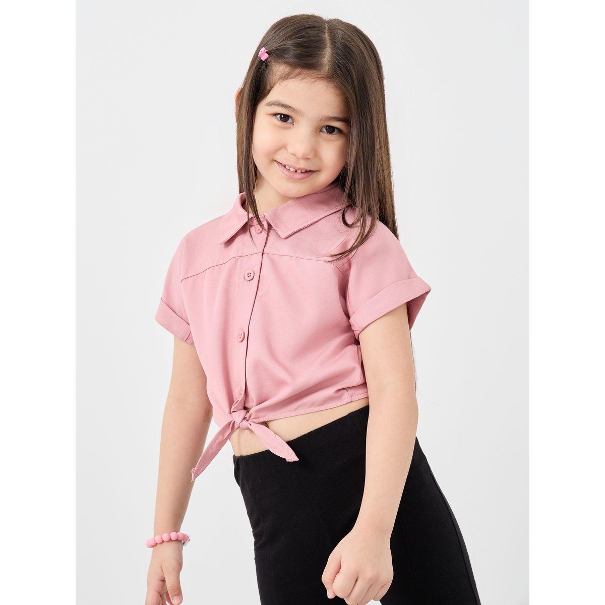 Styli Buttoned Wait Tie Collared Crop Shirt-girls-clothing-blousesandshirts-image-1