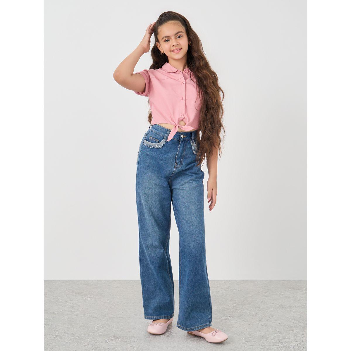 Styli Solid Spread Collar Tie-Up Crop Shirt-girls-clothing-blousesandshirts-image-2