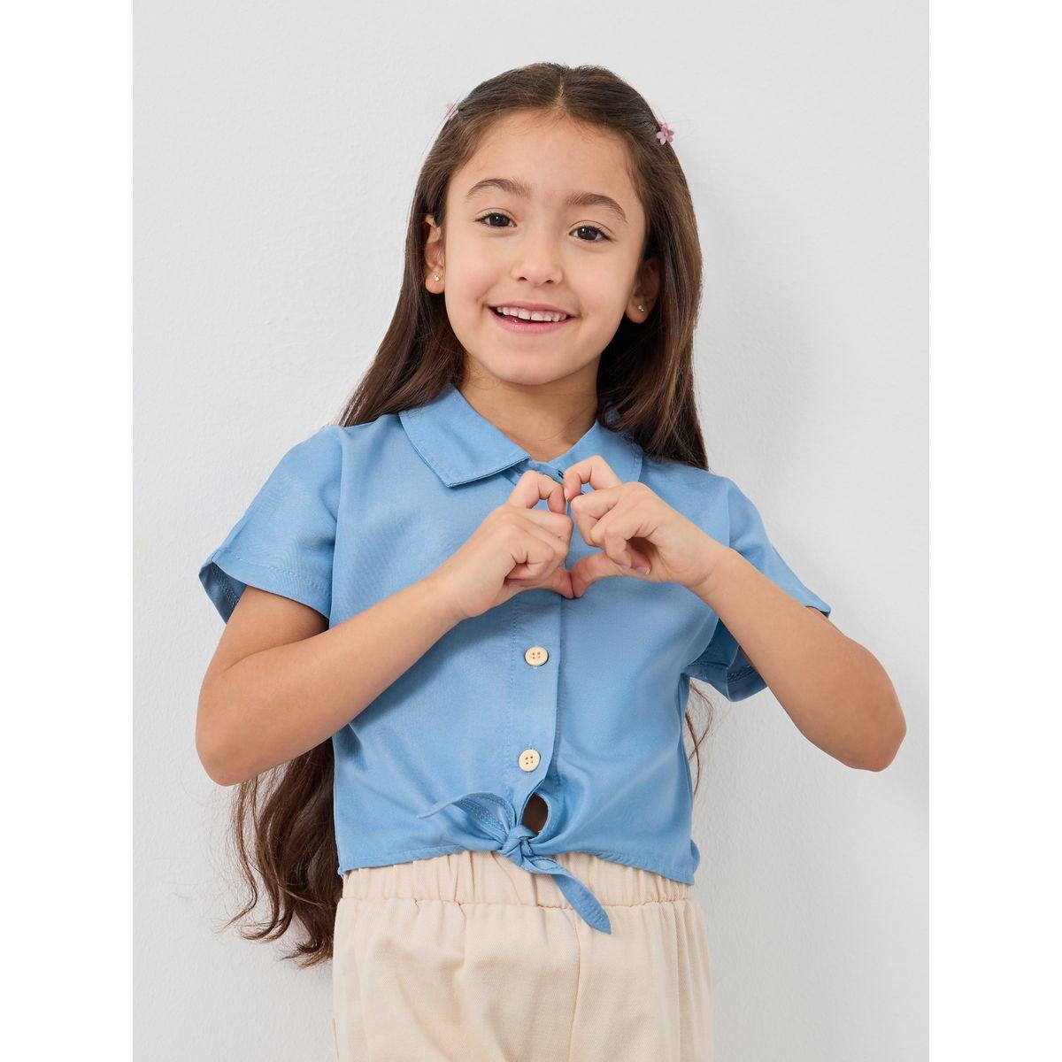 Styli Solid Buttoned Tie Front Short Sleeve Shirt-girls-clothing-blousesandshirts-image-1