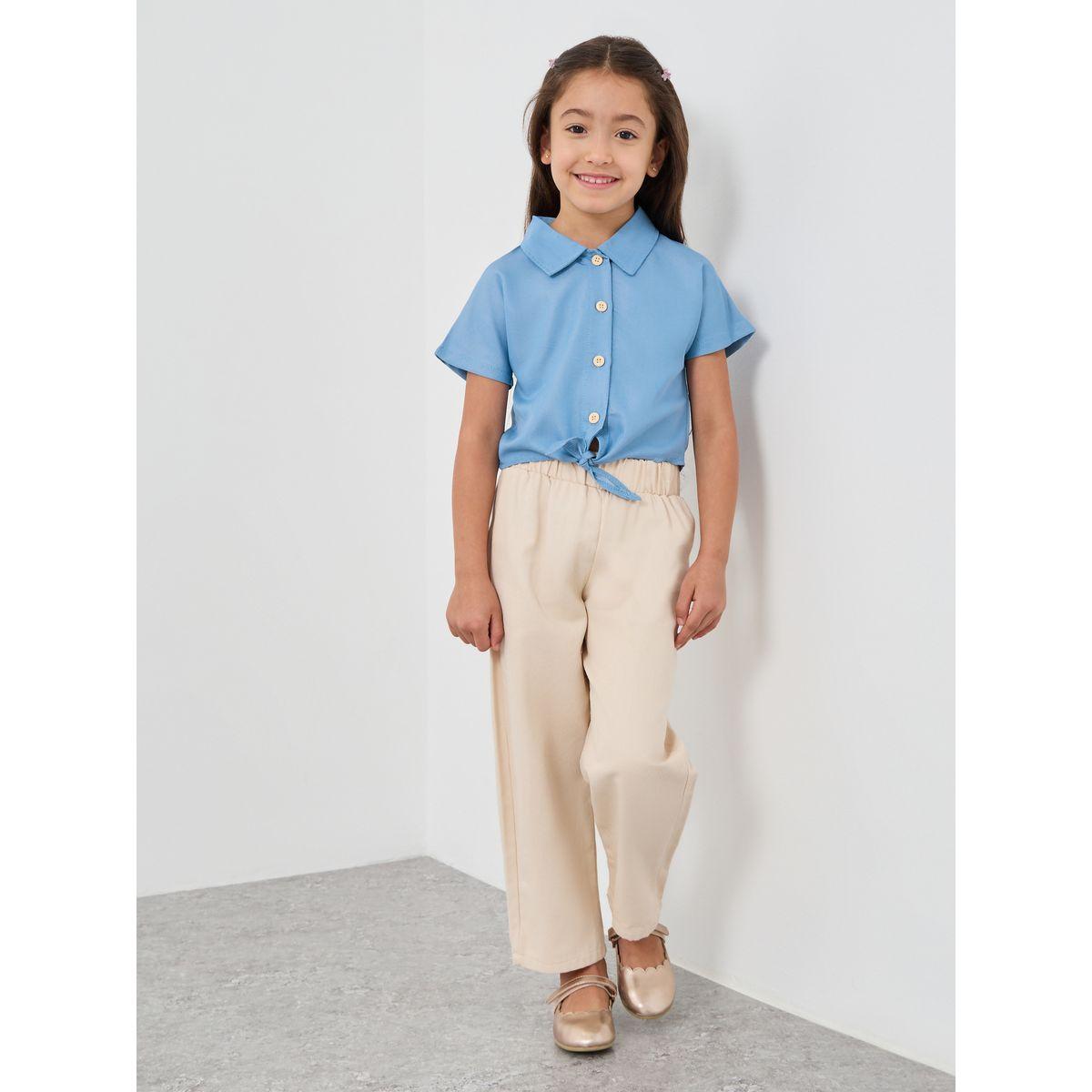 Styli Solid Buttoned Tie Front Short Sleeve Shirt-girls-clothing-blousesandshirts-image-2