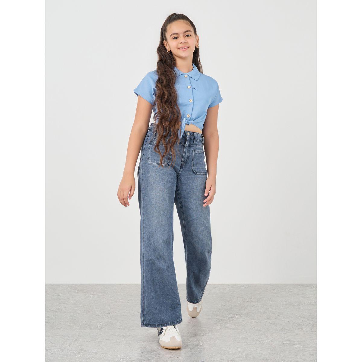 Styli Solid Spread Collar Tie-Up Crop Shirt-girls-clothing-blousesandshirts-image-3