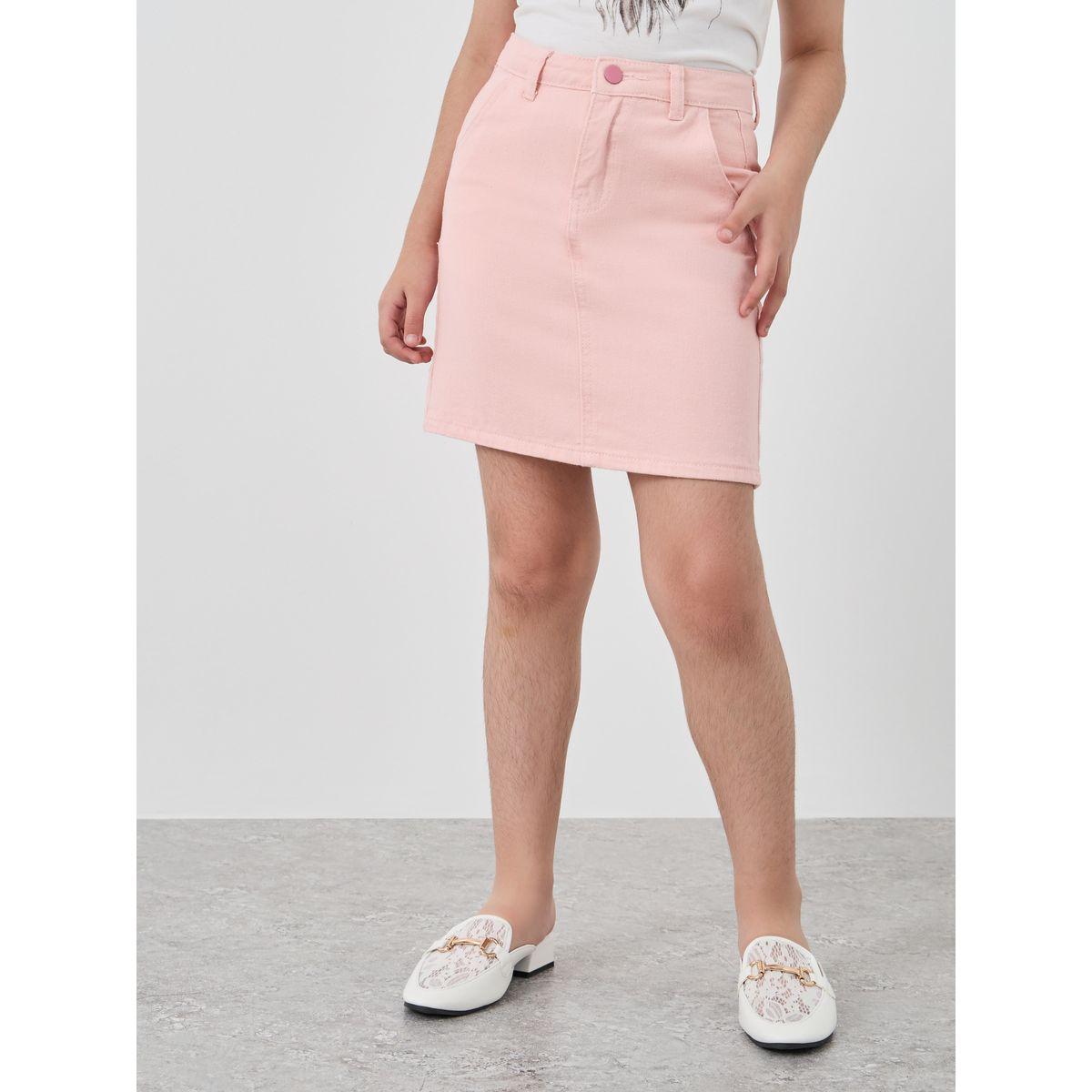 Styli Solid Mini Denim Skirt with Pockets-girls-clothing-bottoms-skirts-image-1