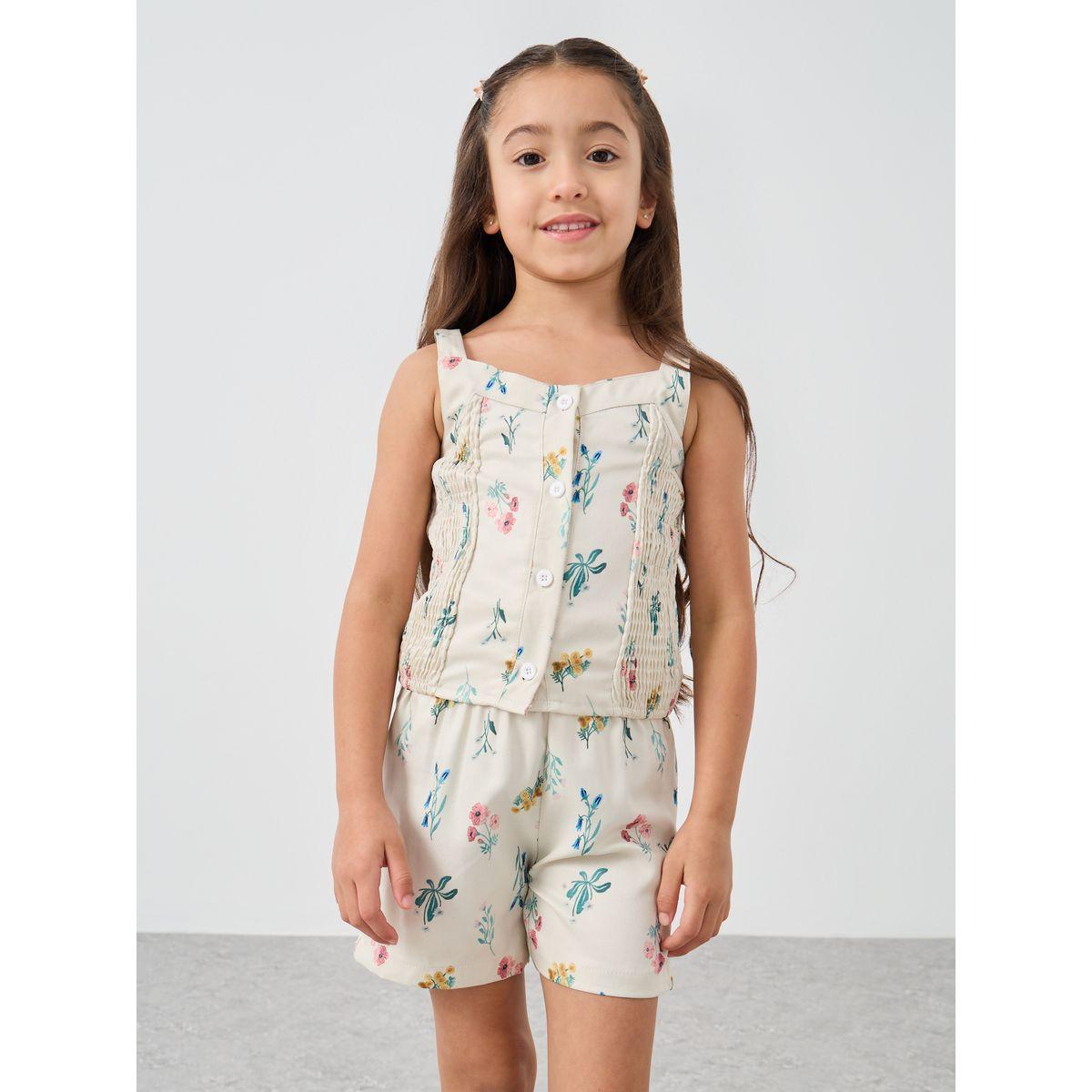 مجموعة من شورت وبلوزة بطبعة زهور وأزرار-girls-clothing-setsandcoords-image-2