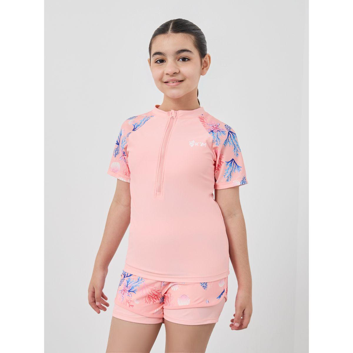 Styli Girls Coral Printed Raglan Sleeve Swimsuit-sports-girls-clothing-tops-image-2