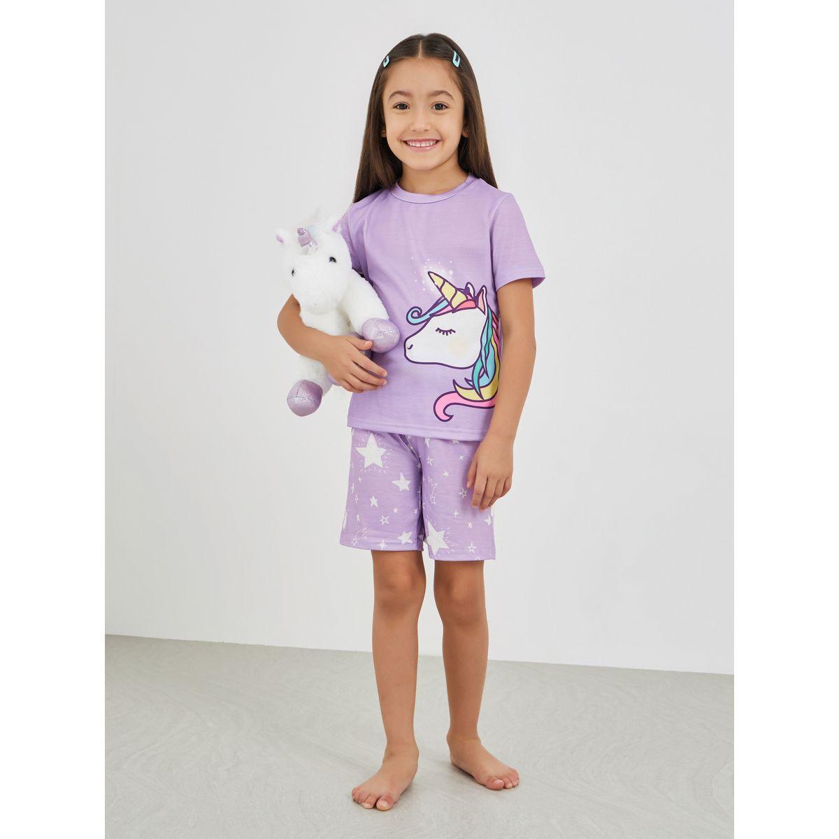Styli Unicorn Print T-Shirt and Shorts Set-girls-clothing-nightwear-image-1