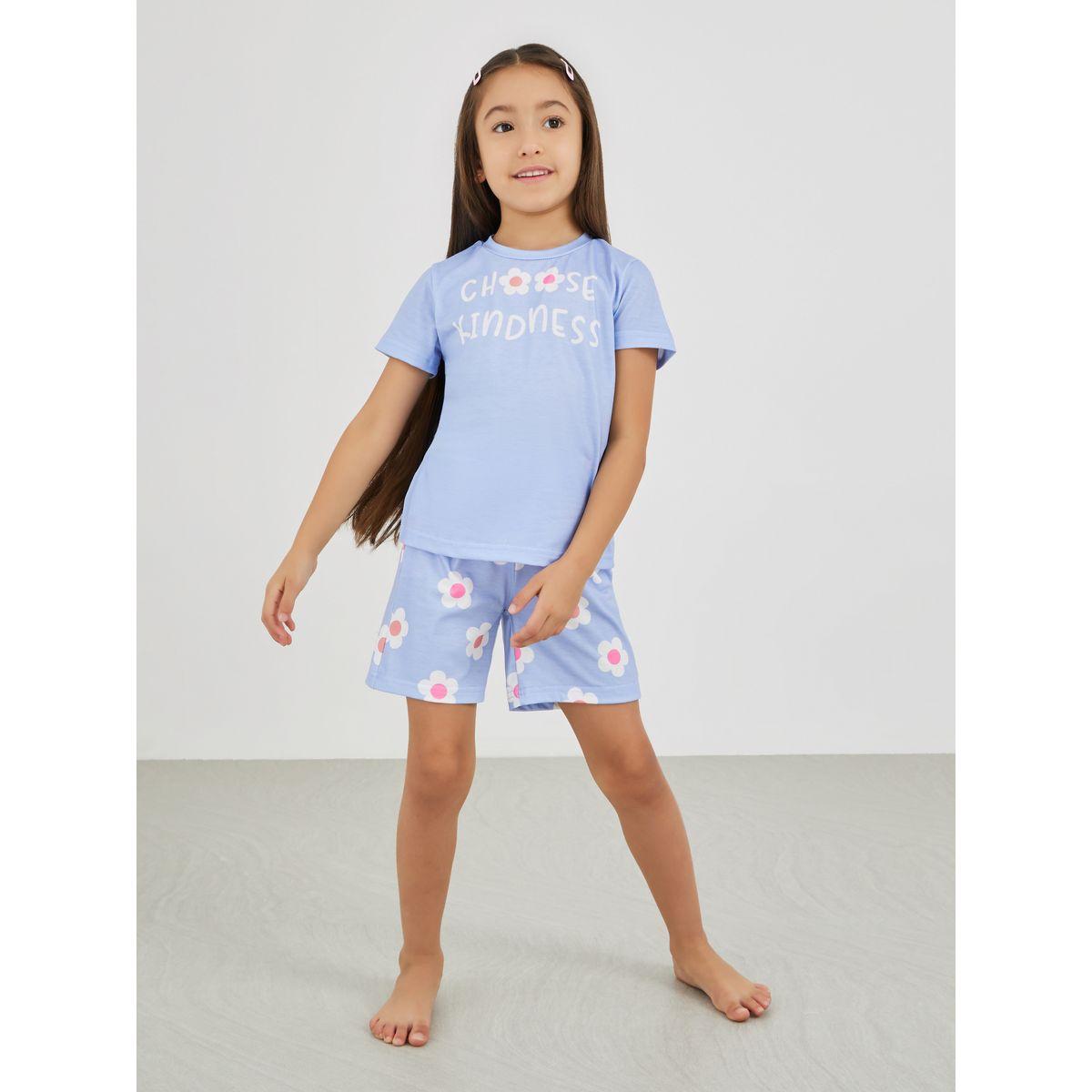 طقم بيجاما من بنطال وتيشيرت بطبعة كتابة وأكمام قصيرة-girls-clothing-nightwear-image-1