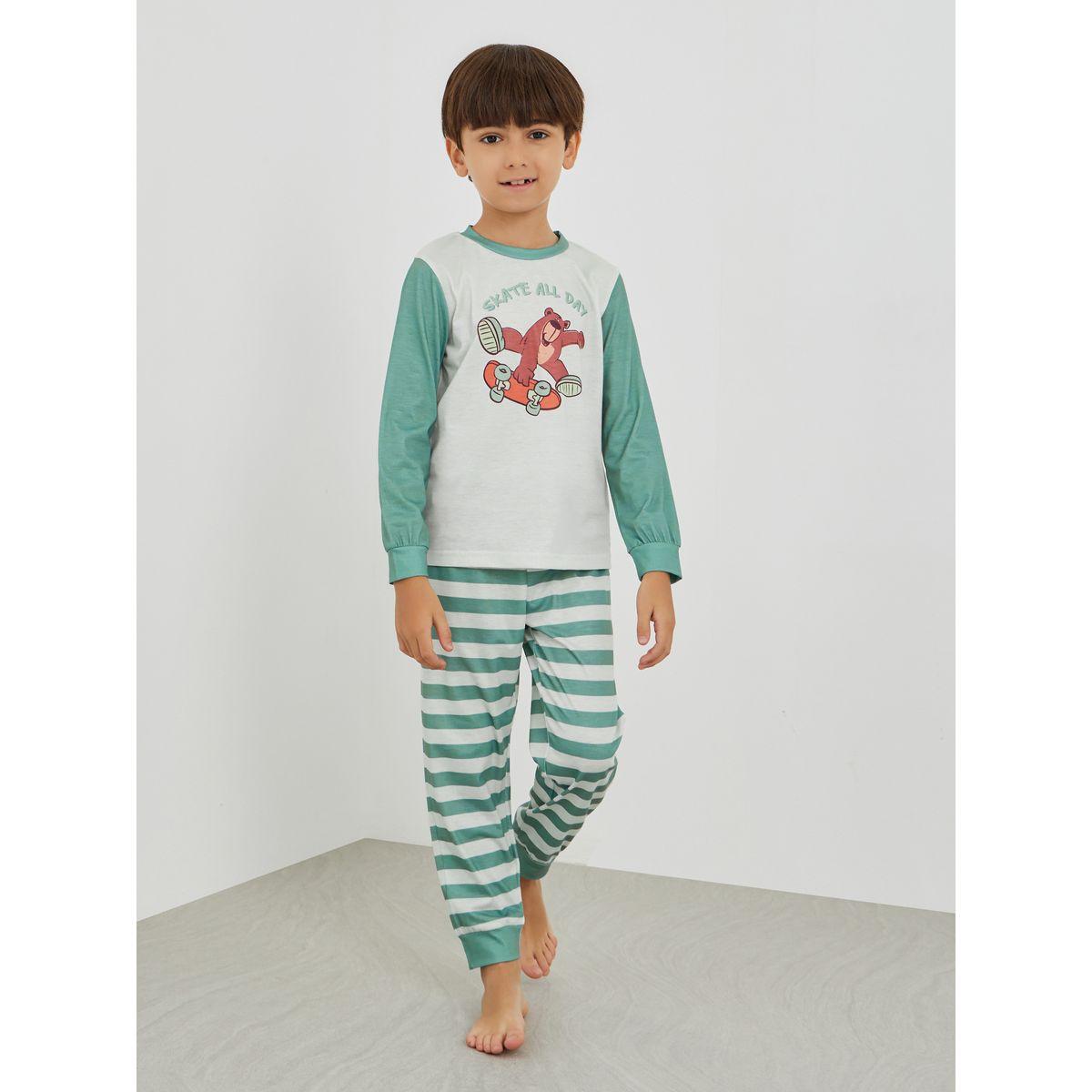 Styli Graphic Print Round Neck T-Shirt and Striped Pyjama Set-boys-clothing-nightwear-image-1