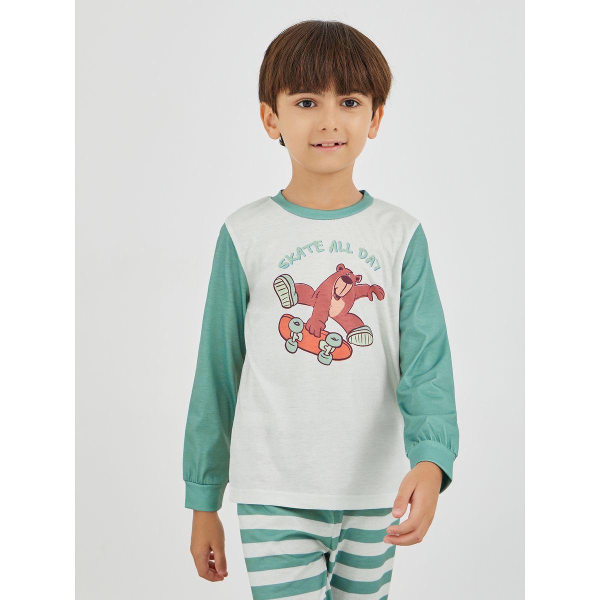 Styli Graphic Print Round Neck T-Shirt and Striped Pyjama Set-boys-clothing-nightwear-image-2