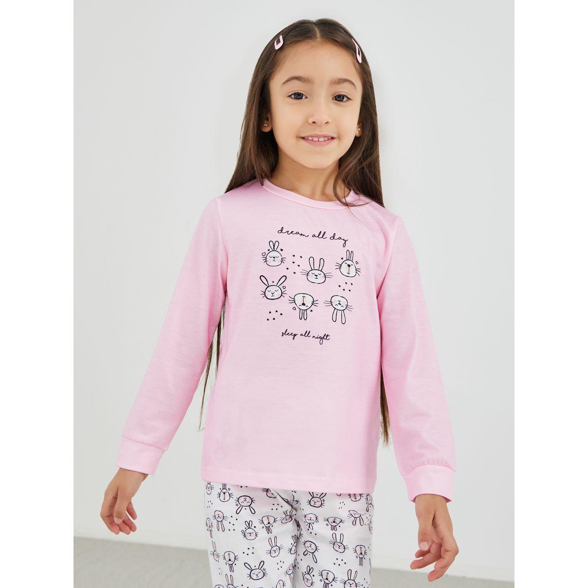 طقم بيجاما من بنطال وتيشيرت بطبعة جرافيك وياقة دائرية-girls-clothing-nightwear-image-2