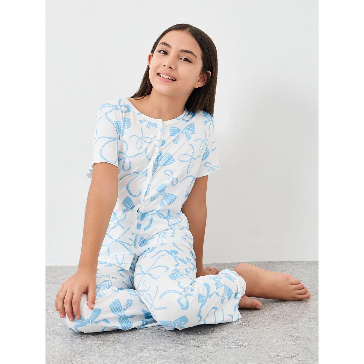 Styli Ribbon Print Top and Pyjama Set-girls-clothing-nightwear-image-1