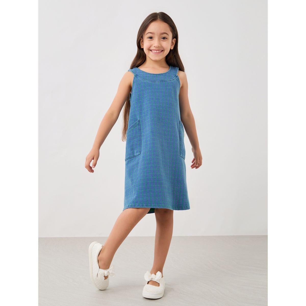 فستان بلا أكمام بنمط مربعات وتفاصيل جيب-girls-clothing-dressesandjumpsuits-image-1