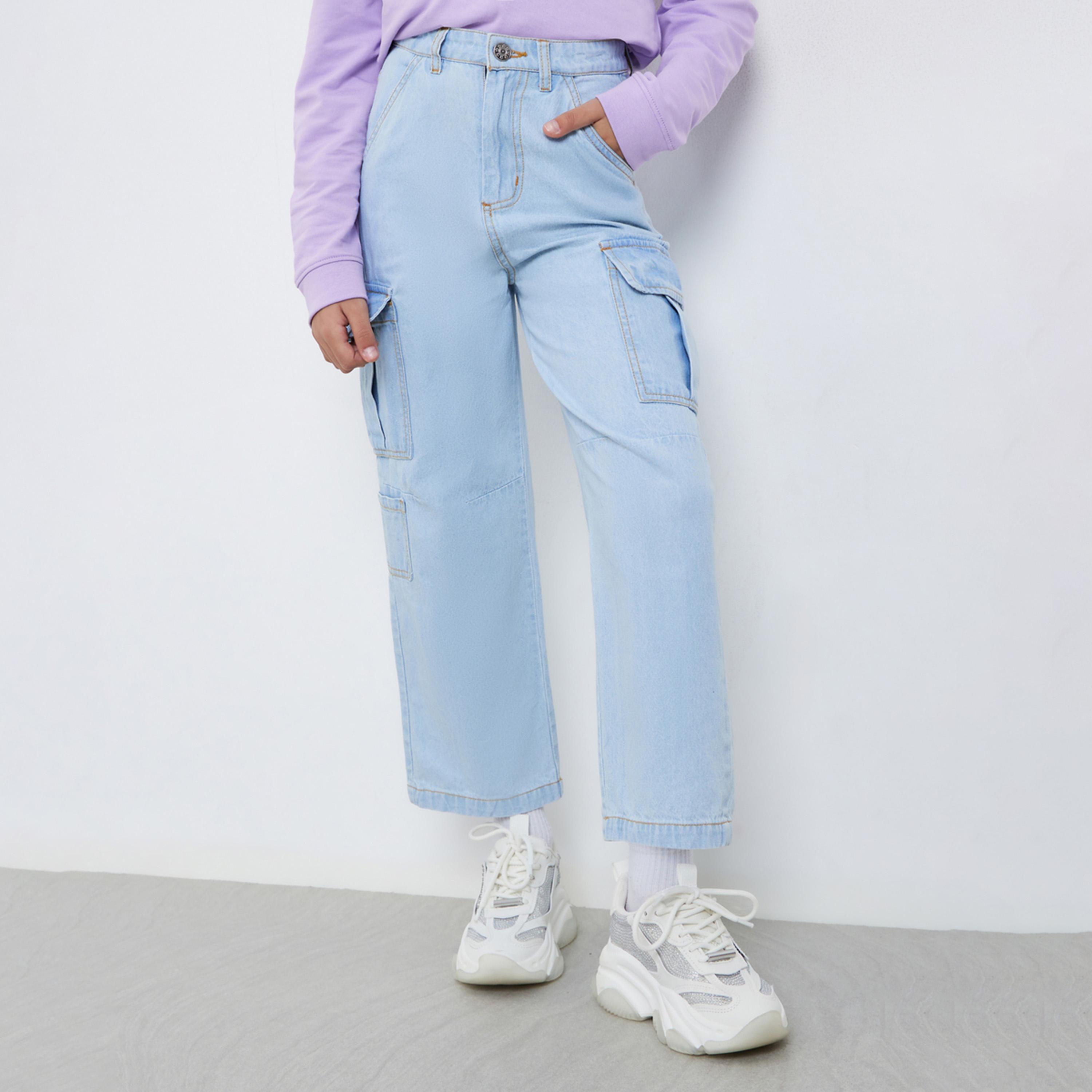 Styli Teens Blue Cotton Straight Leg Cargo Jeans-girls-clothing-bottoms-jeansandjeggings-image-1