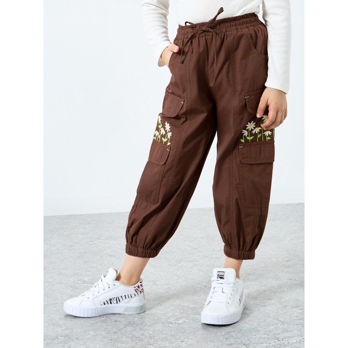 Styli Girls Brown Embroidered Cargo Pants-girls-clothing-bottoms-trousers-image-1