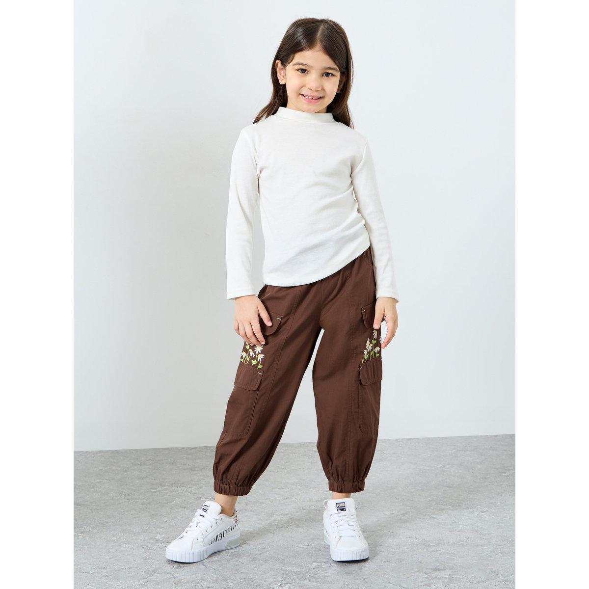 Styli Girls Brown Embroidered Cargo Pants-girls-clothing-bottoms-trousers-image-2