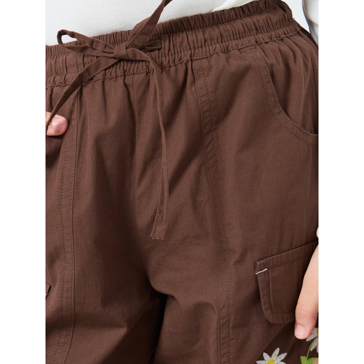 Styli Girls Brown Embroidered Cargo Pants-girls-clothing-bottoms-trousers-image-3