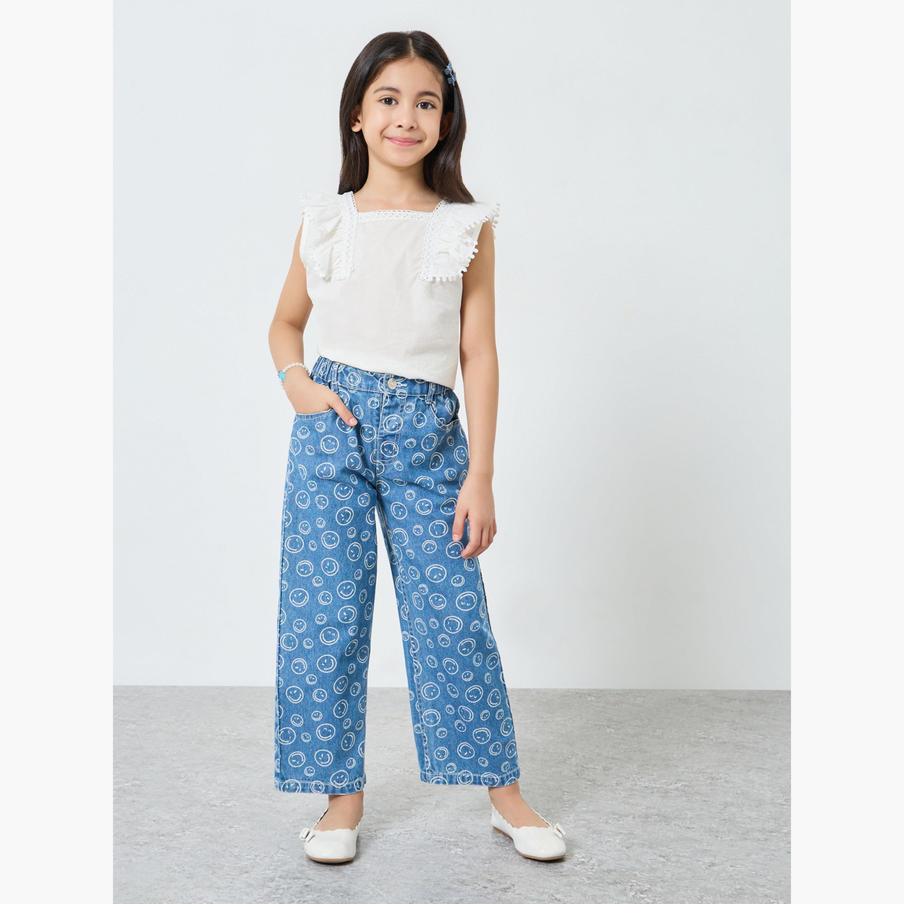 جينز بأرجل واسعة وطبعة شعار سمايلي-girls-clothing-bottoms-jeansandjeggings-image-2