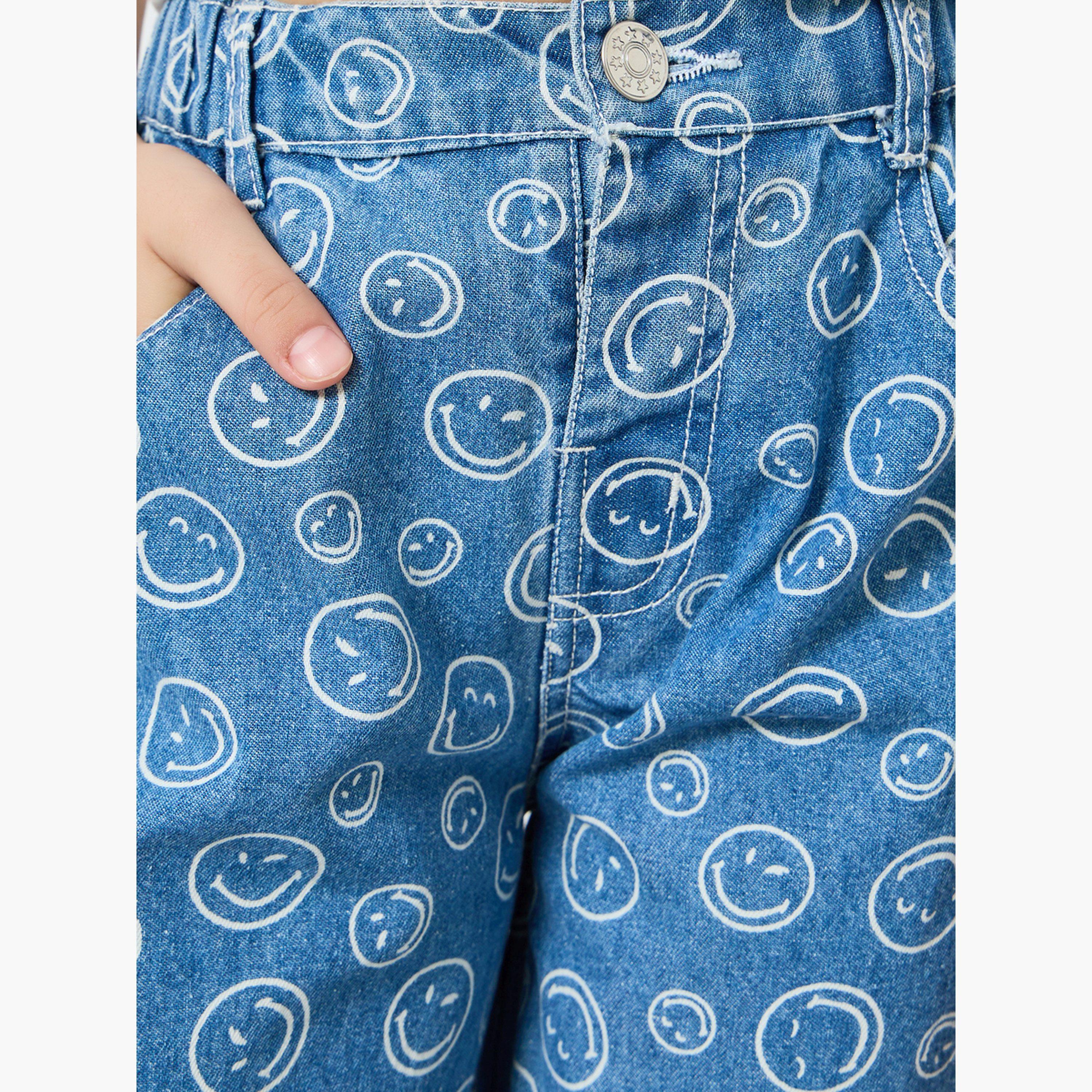 جينز بأرجل واسعة وطبعة شعار سمايلي-girls-clothing-bottoms-jeansandjeggings-image-3