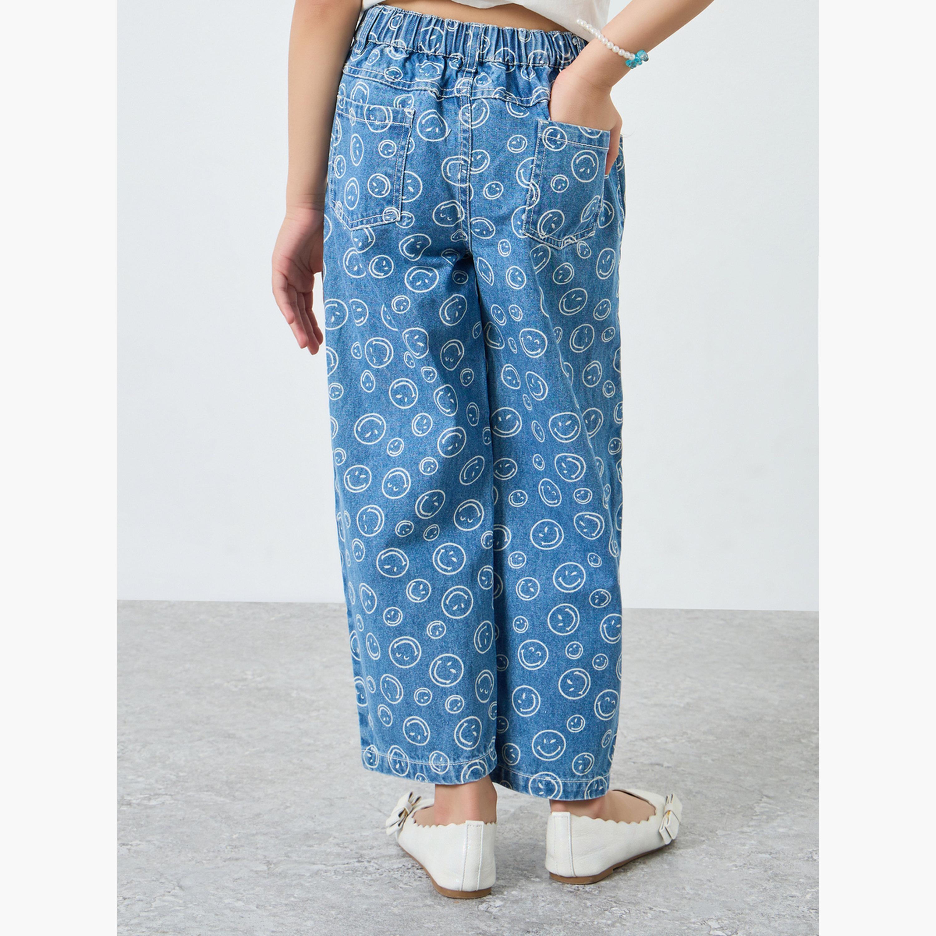 جينز بأرجل واسعة وطبعة شعار سمايلي-girls-clothing-bottoms-jeansandjeggings-image-4