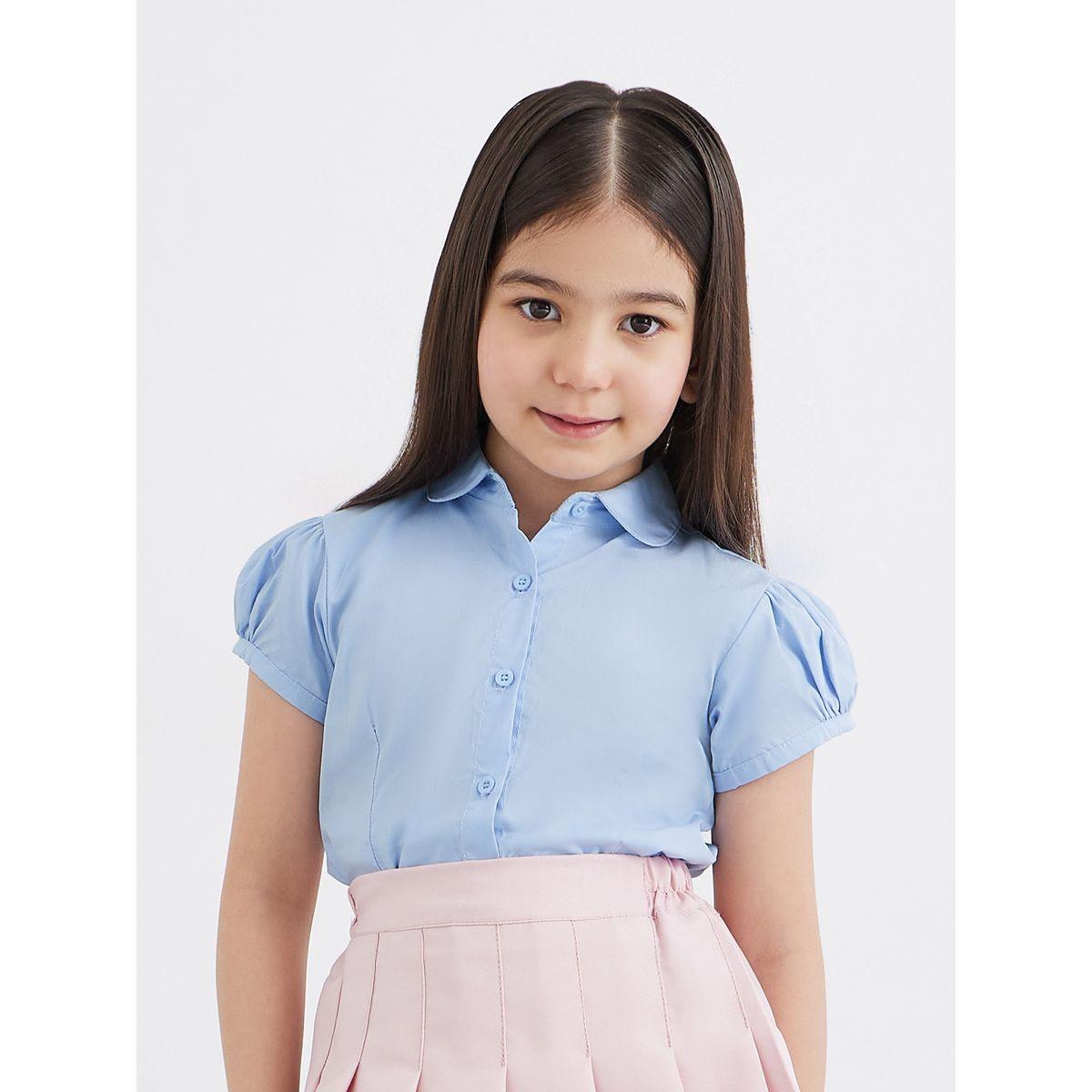 Styli Girls Light Blue Cotton Puff Sleeves Shirt-girls-clothing-schoolwear-blousesandshirts-image-1