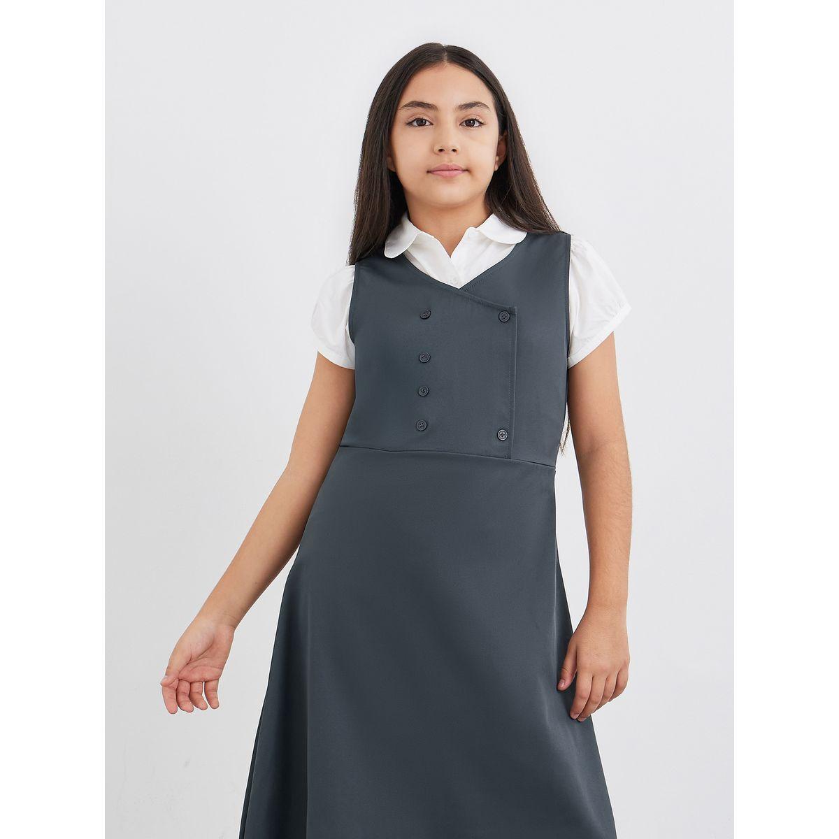 Styli Girls Grey V Neck Button Detail Pinafore Dress-girls-clothing-schoolwear-dresses-image-2