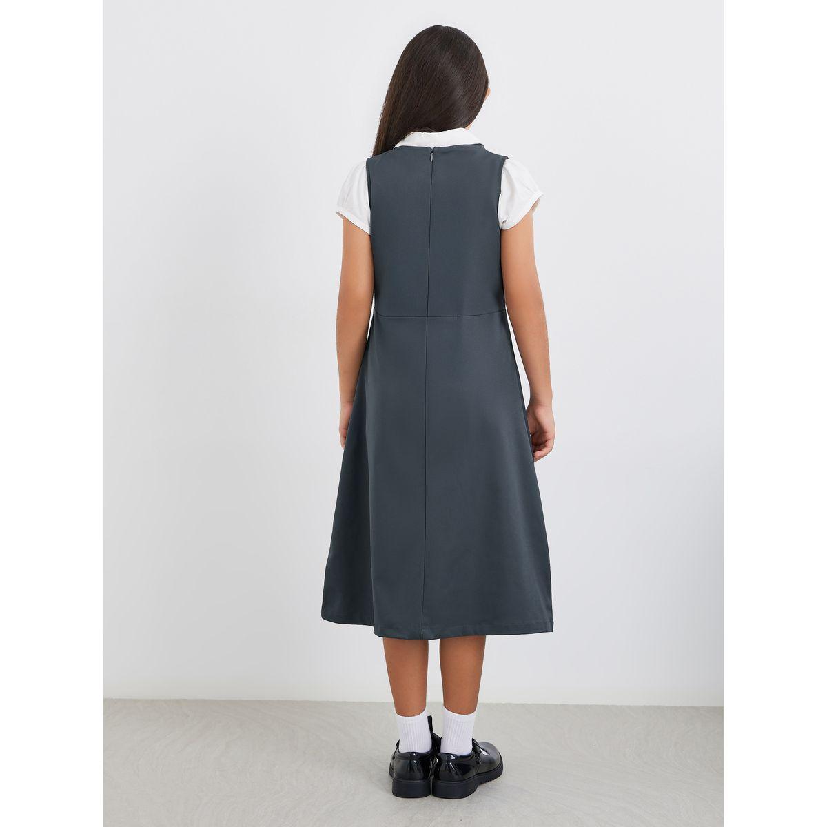 Styli Girls Grey V Neck Button Detail Pinafore Dress-girls-clothing-schoolwear-dresses-image-4
