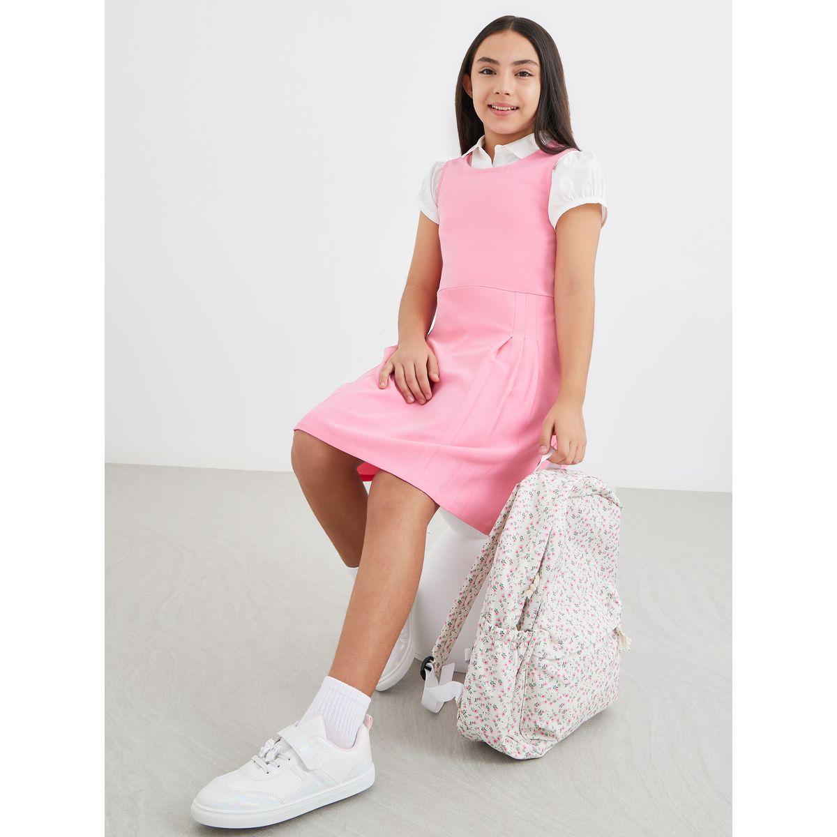 Styli Girls Pink Fold Pleat Detail Pinafore Dress-girls-clothing-dressesandjumpsuits-image-1