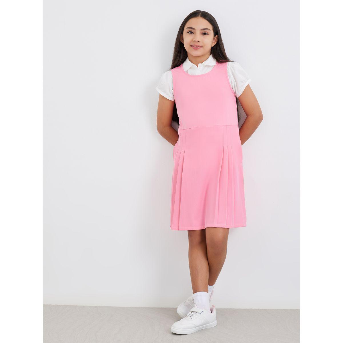 Styli Girls Pink Fold Pleat Detail Pinafore Dress-girls-clothing-dressesandjumpsuits-image-2