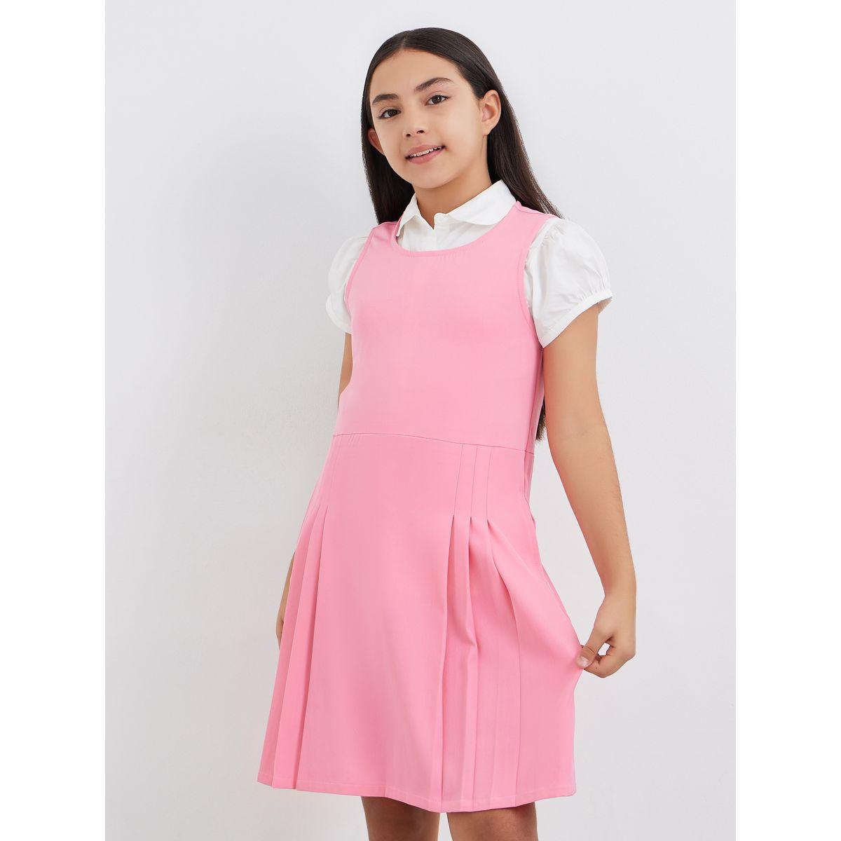 Styli Girls Pink Fold Pleat Detail Pinafore Dress-girls-clothing-dressesandjumpsuits-image-3