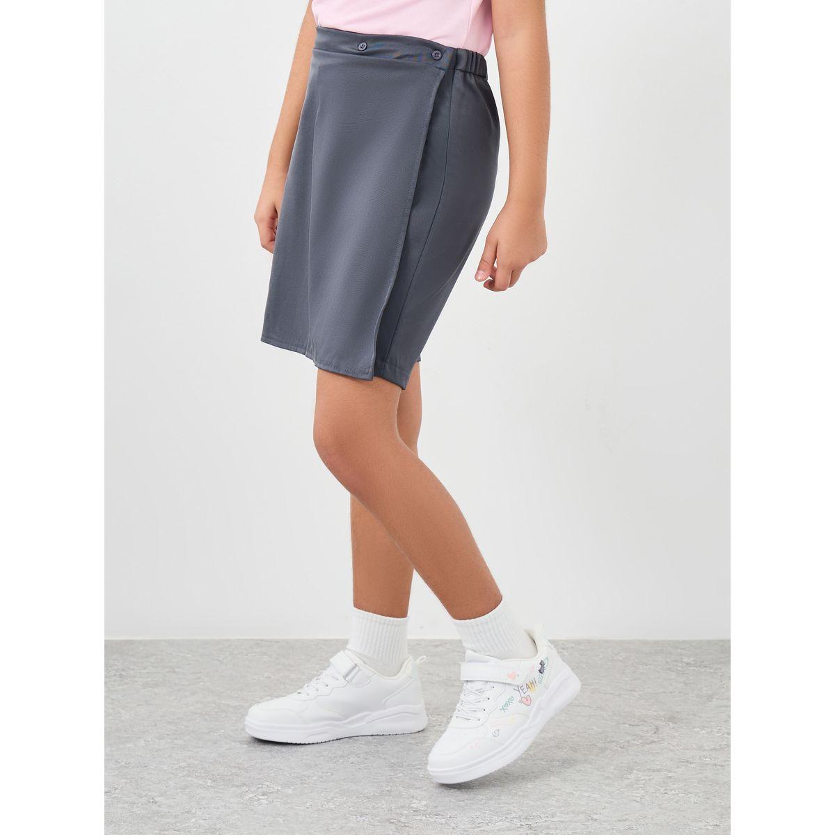 Styli Girls Grey Plain Skorts with Button Detail-girls-clothing-schoolwear-bottoms-shorts-image-2