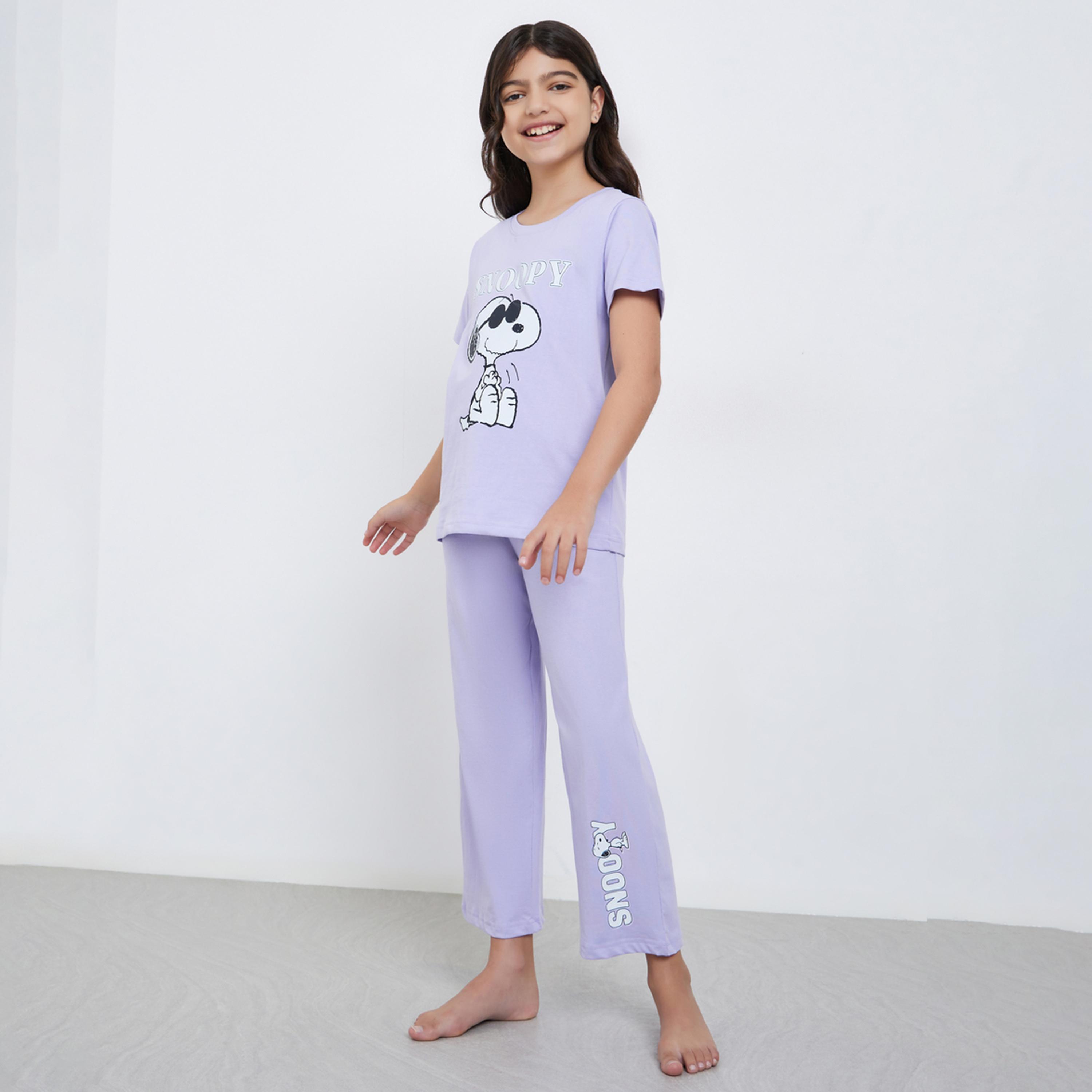 Styli Teens Lilac Snoopy Print T-Shirt and Pyjama Set-girls-clothing-nightwear-image-1