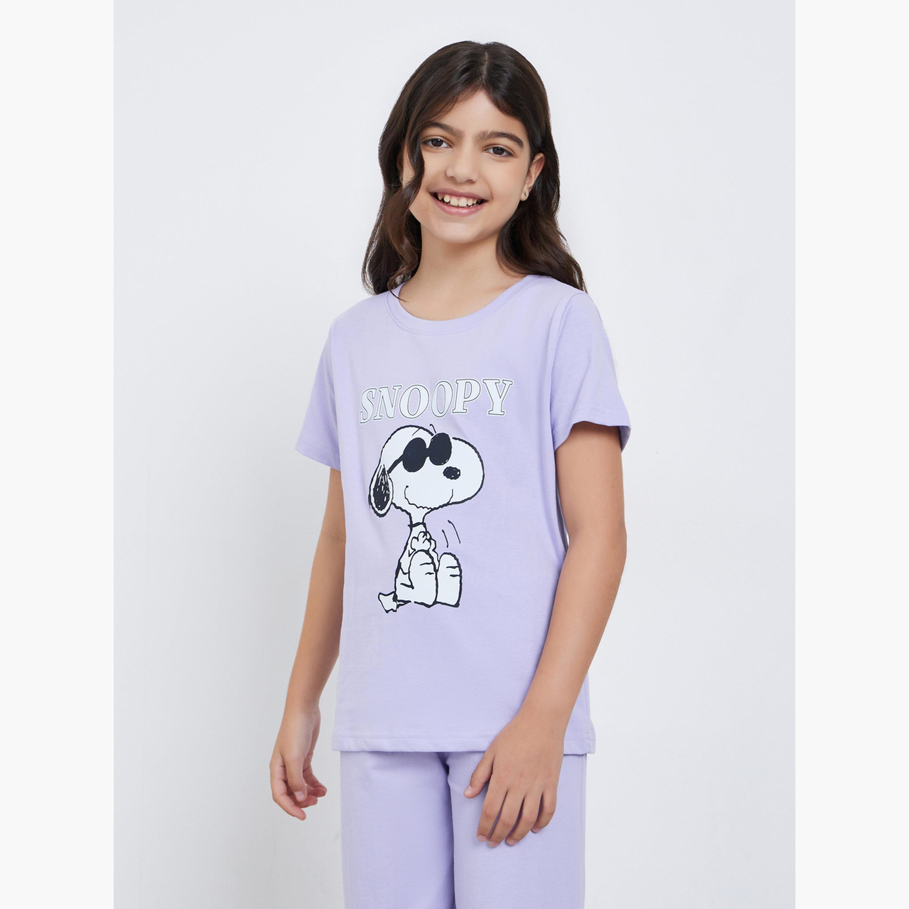 ستايلي - بيجاما تي شيرت بطبعة سنوبي أرجواني للمراهقين-girls-clothing-nightwear-image-2