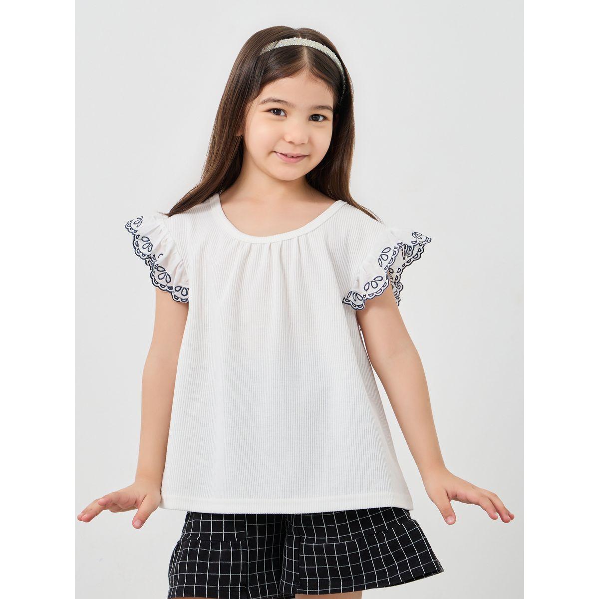 Styli Embroidered Sleeve Top and Checked Shorts Set-girls-clothing-setsandcoords-image-2