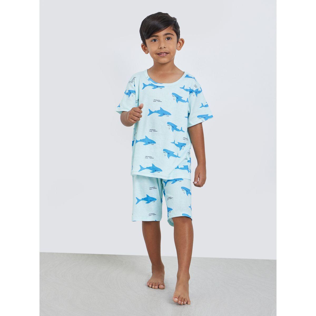 Styli Shark Graphic Round Neck T-Shirt and Shorts Set-boys-clothing-nightwear-image-1