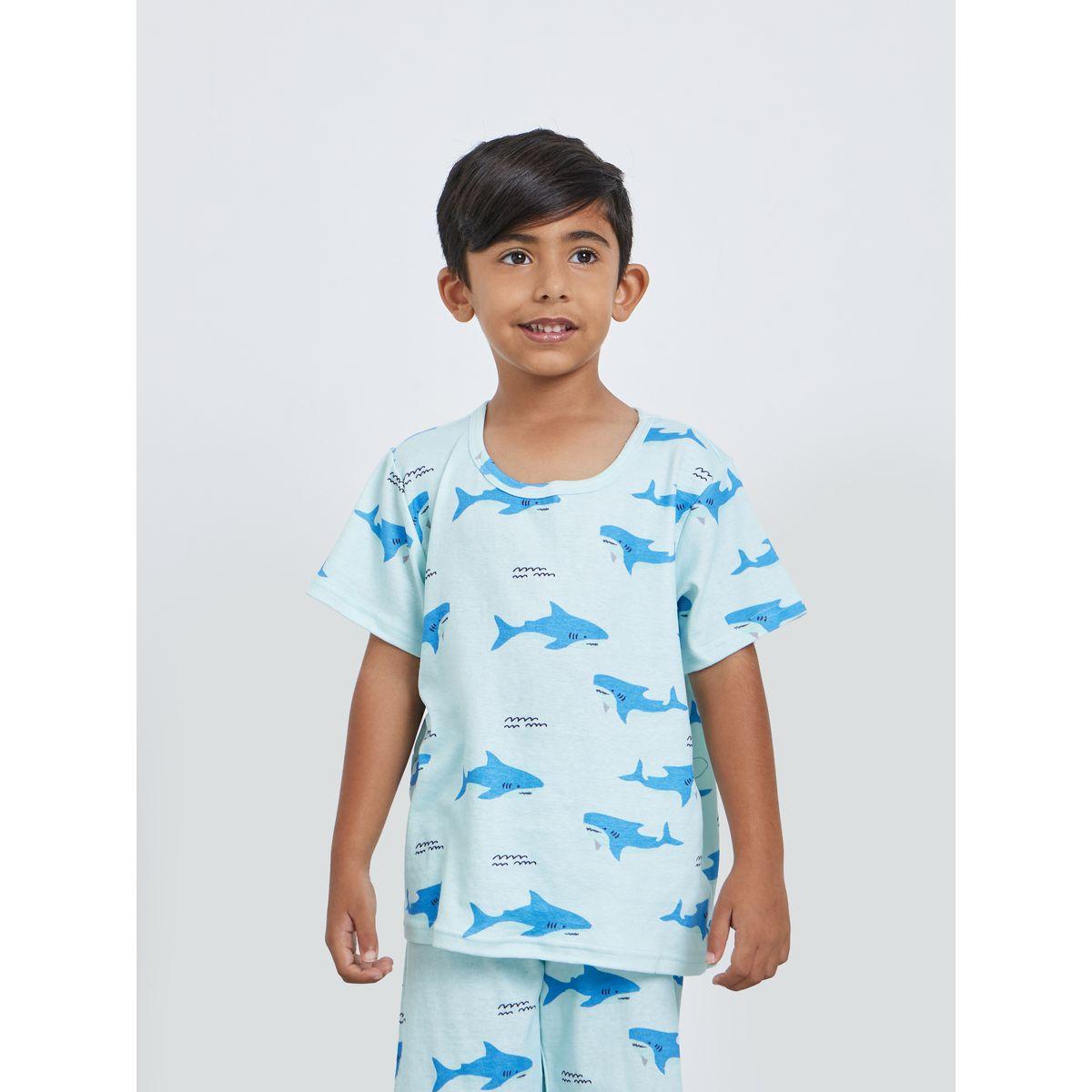 Styli Shark Graphic Round Neck T-Shirt and Shorts Set-boys-clothing-nightwear-image-2