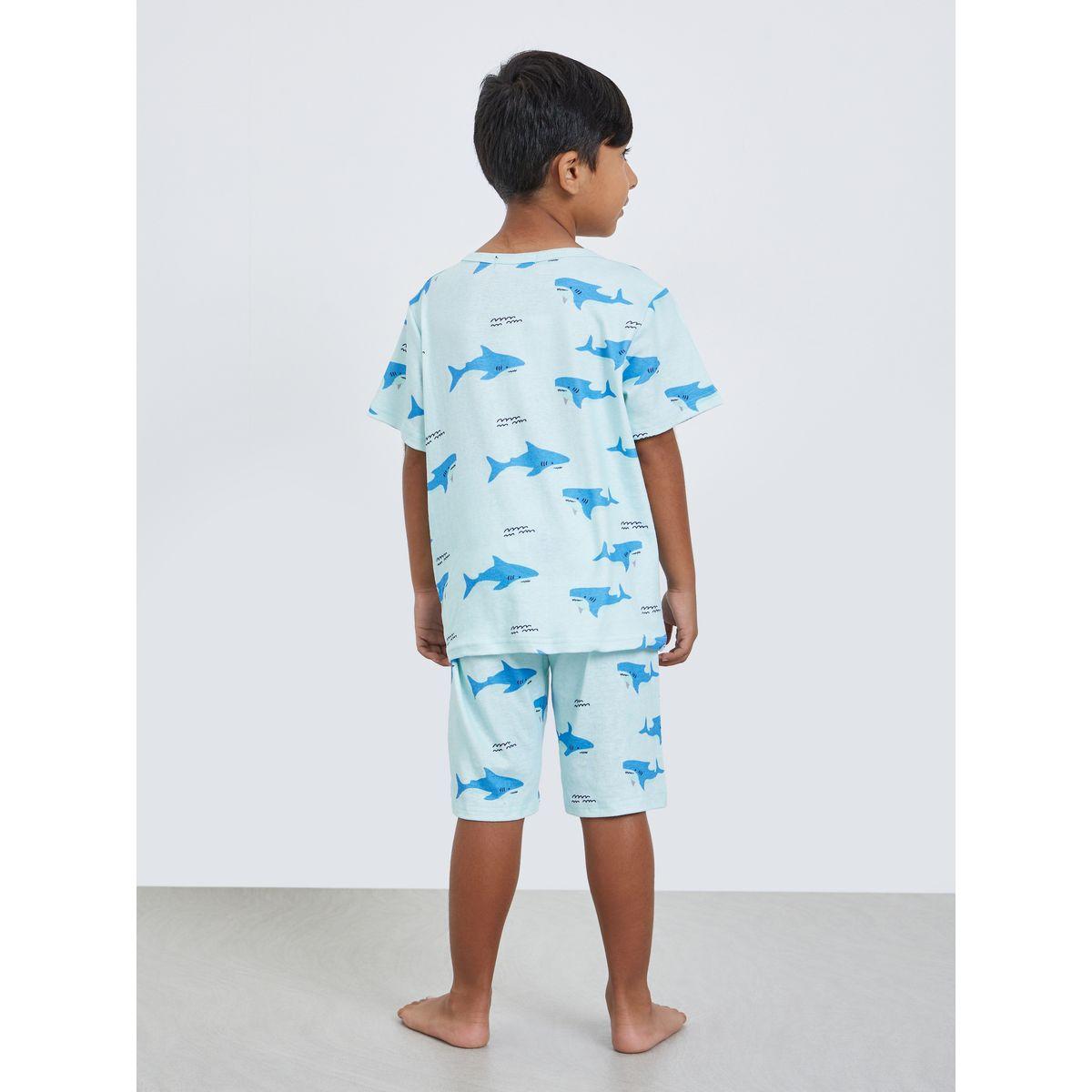 Styli Shark Graphic Round Neck T-Shirt and Shorts Set-boys-clothing-nightwear-image-4