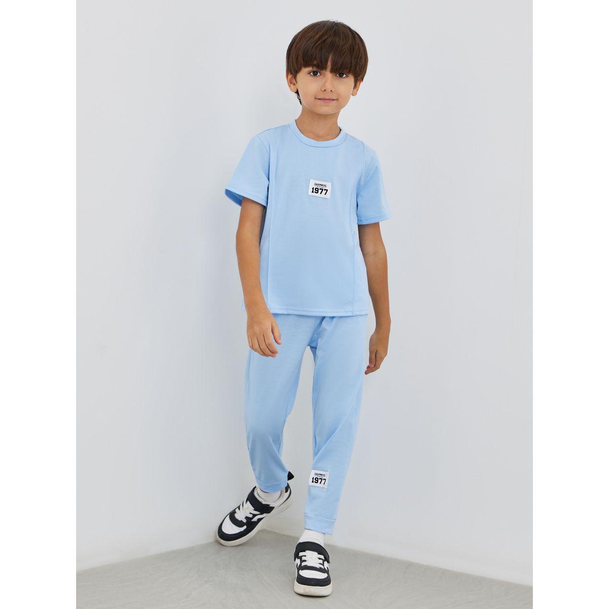 Styli Boys Blue Solid Badge Detail T-Shirt and Joggers Set-boys-clothing-setsandcoords-image-1