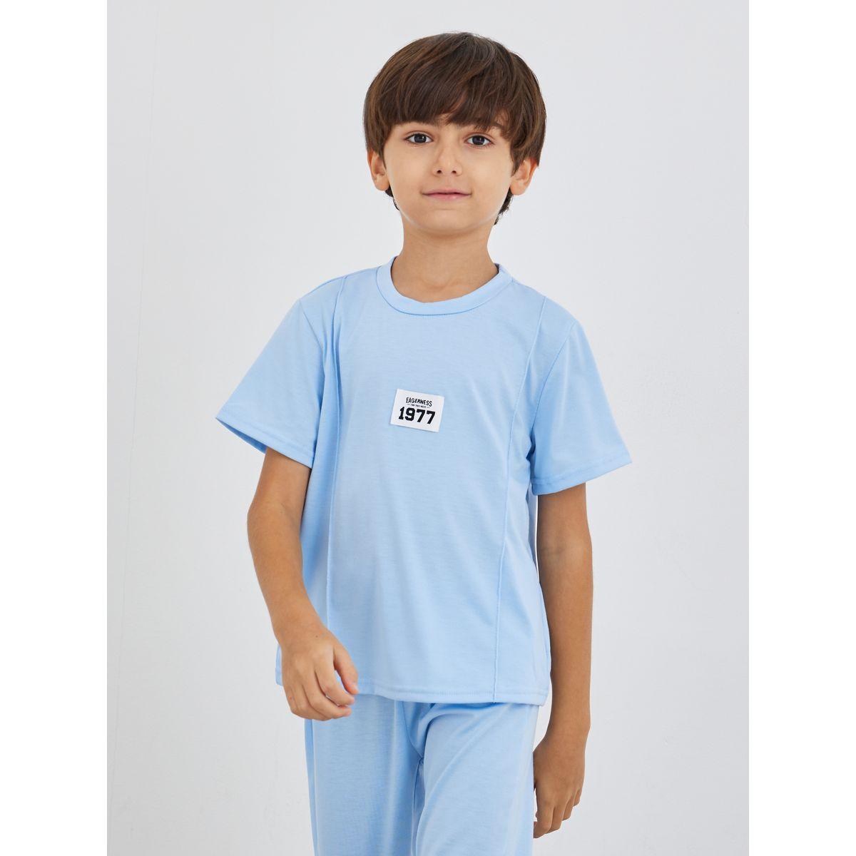 Styli Boys Blue Solid Badge Detail T-Shirt and Joggers Set-boys-clothing-setsandcoords-image-2