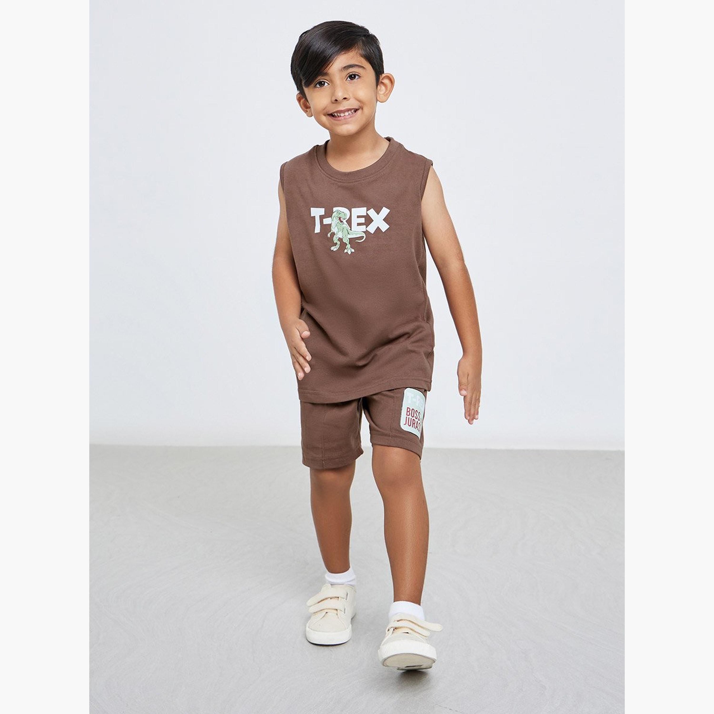 Styli Boys Brown Dinosaur Print Tank and Shorts Set-boys-clothing-setsandcoords-image-2