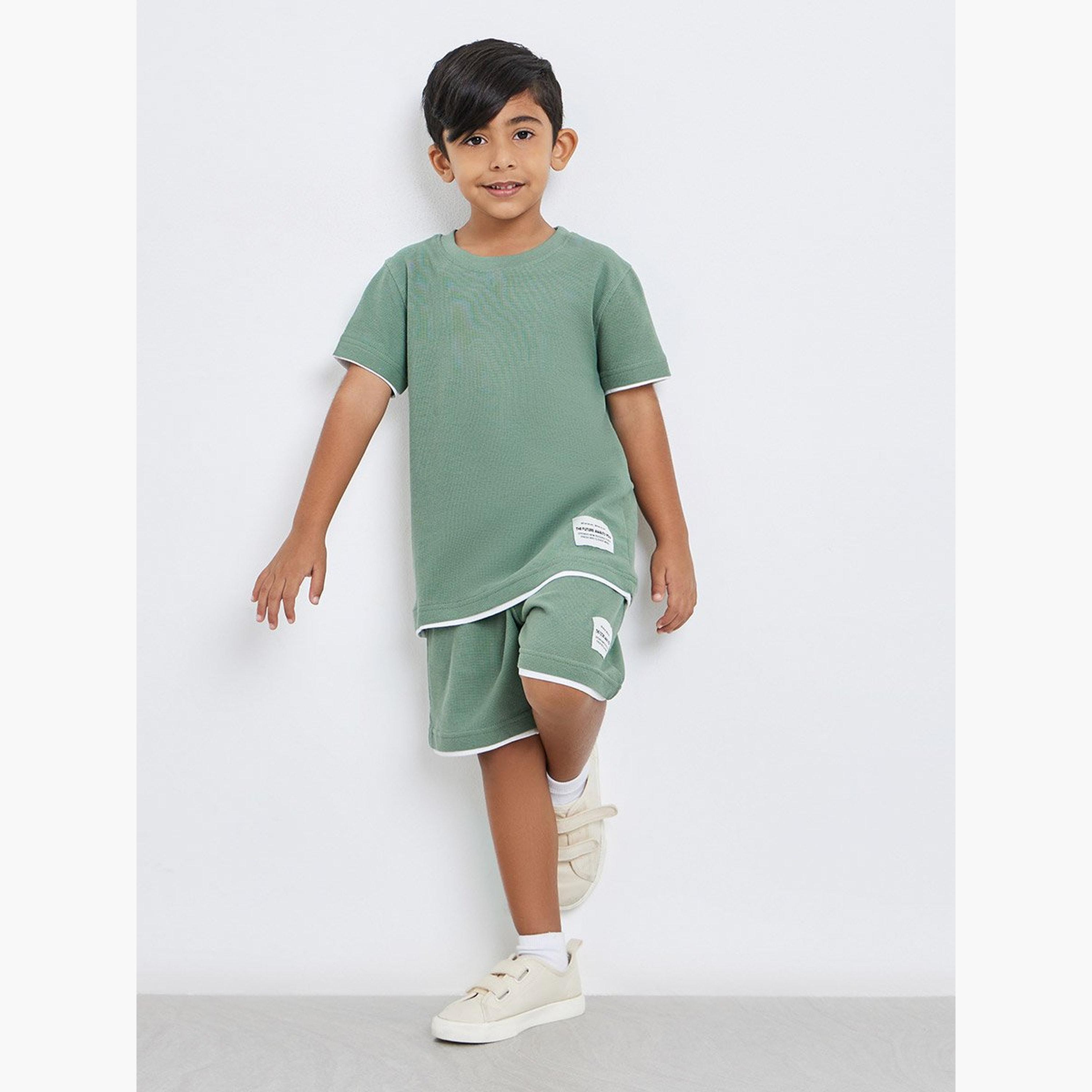Styli Boys Green Cotton Knit T-Shirt and Shorts Set-boys-clothing-setsandcoords-image-2