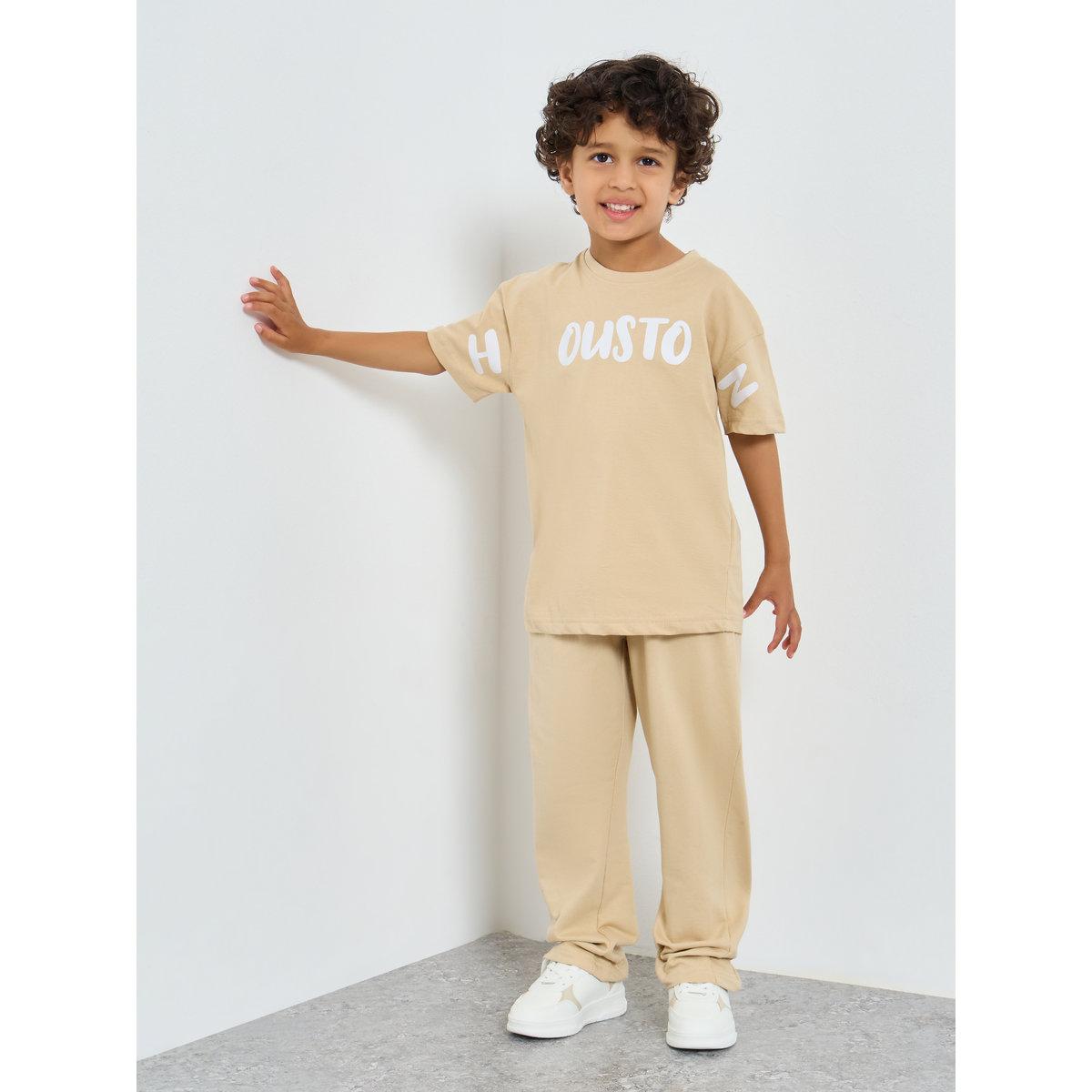 Styli Boys Beige Slogan T-Shirt and Jogger Set-boys-clothing-setsandcoords-image-1