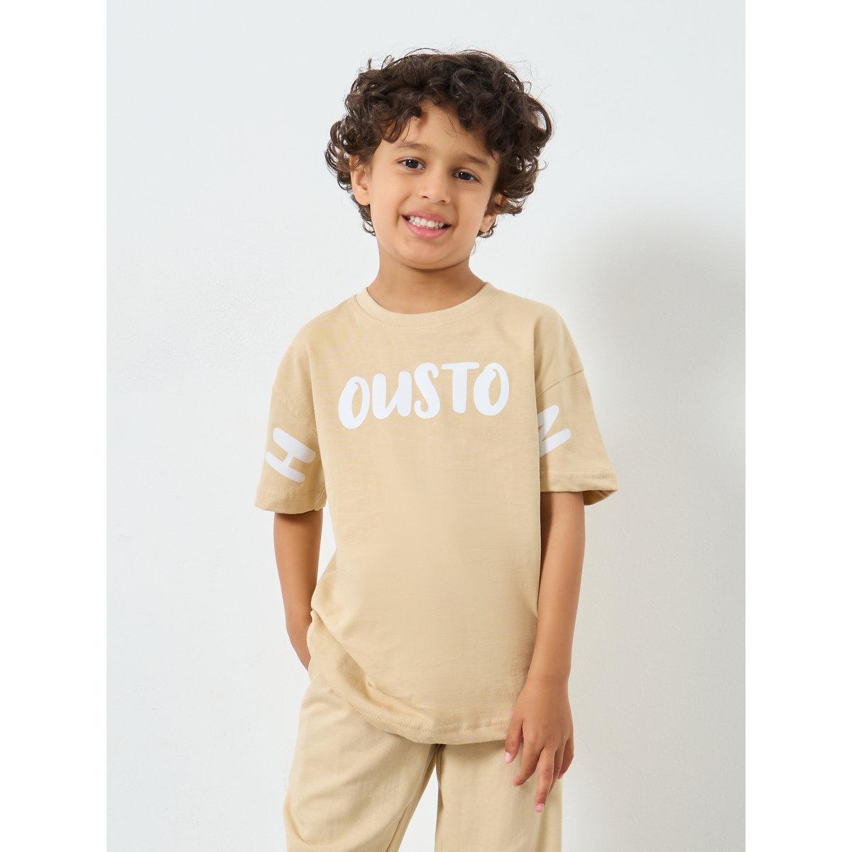 Styli Boys Beige Slogan T-Shirt and Jogger Set-boys-clothing-setsandcoords-image-2