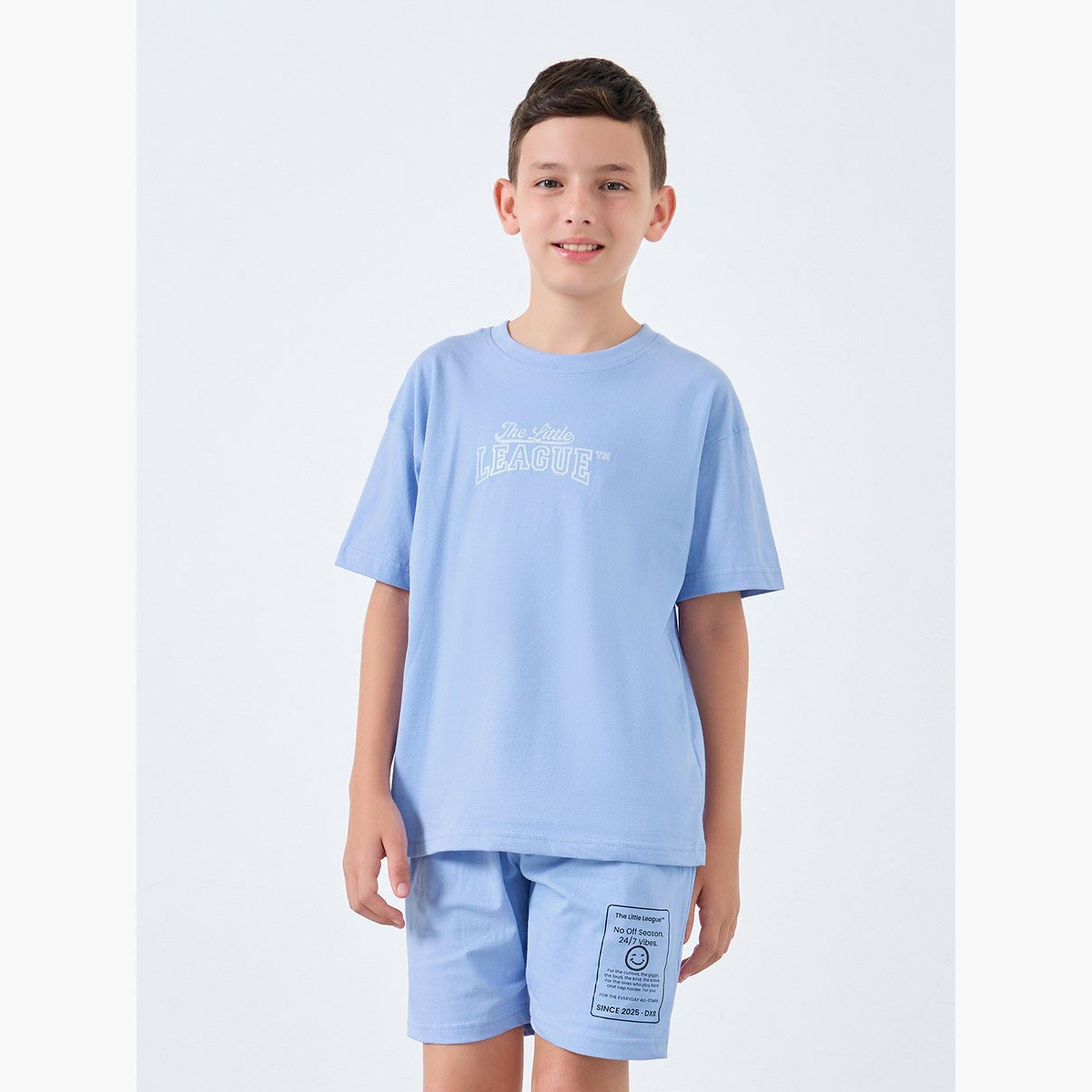 Styli Teen Blue Printed Oversized T-Shirt and Shorts Set-boys-clothing-setsandcoords-image-1