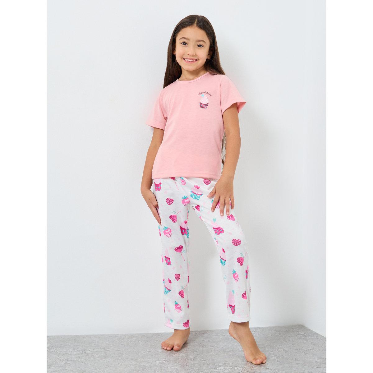 Styli Girls Pink Cupcake Print T-Shirt and Pyjama Set-girls-clothing-nightwear-image-1